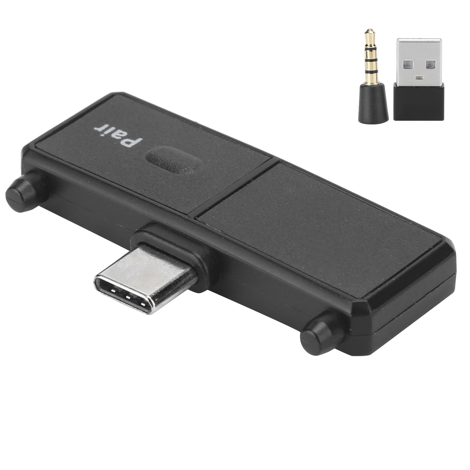 Ein schwarzer Typ-C Bluetooth-Adapter mit Klinken- und USB-Anschlüssen oben rechts.