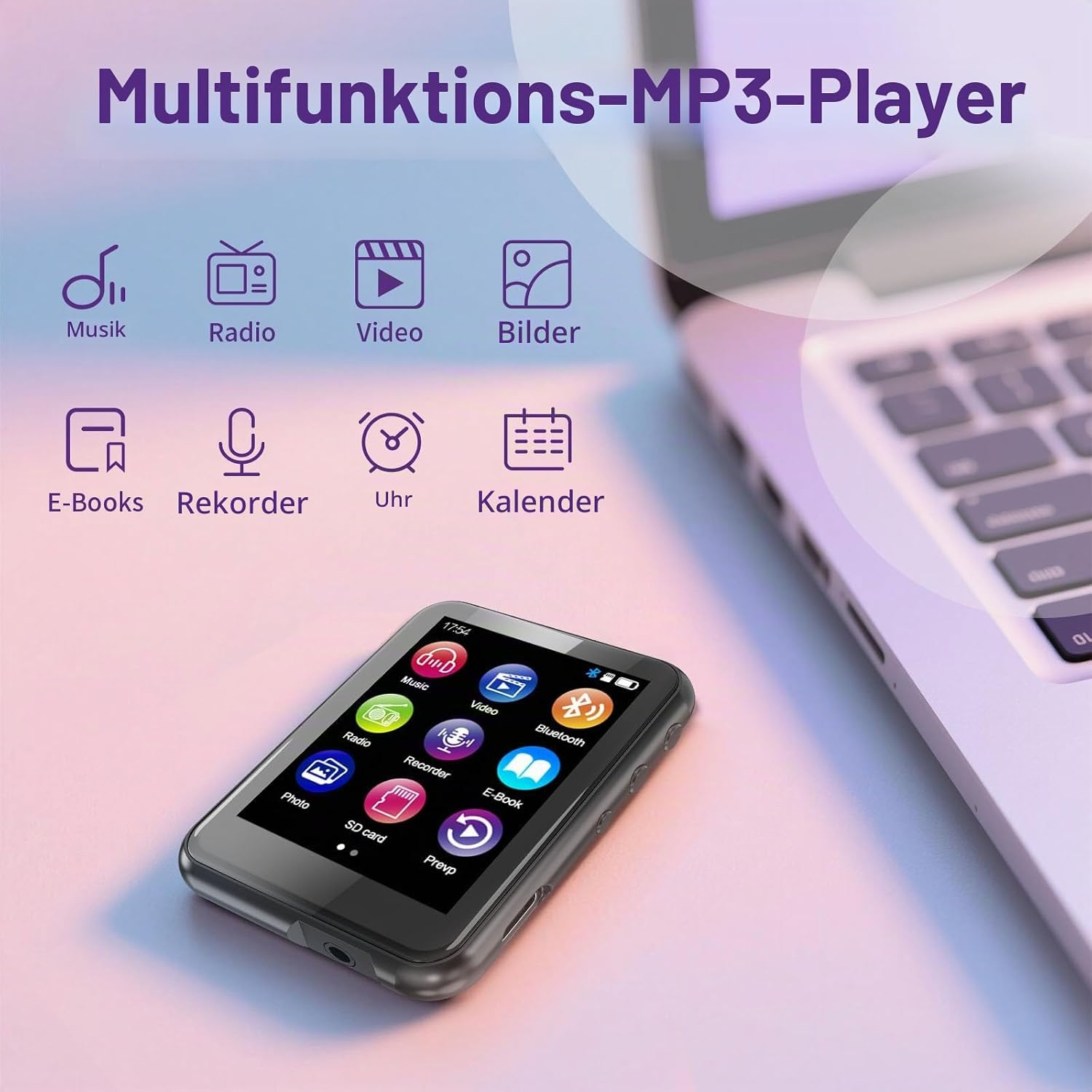 Ein Multifunktions-MP3-Player mit Touchscreen liegt neben einem Laptop. Icons zeigen verschiedene Funktionen.