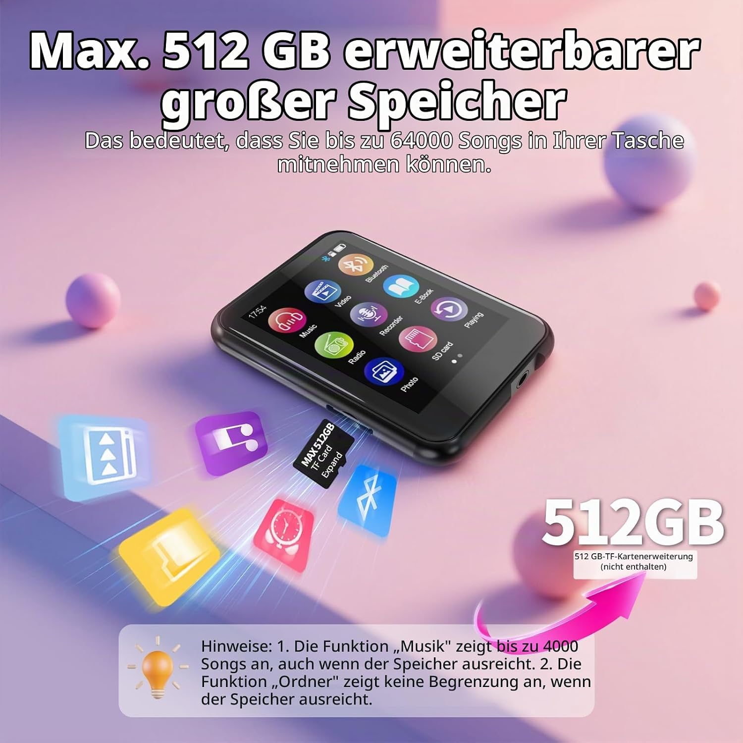 MP3-Player mit erweiterbarem 512-GB-Speicher und farbigen App-Icons auf rosa Hintergrund.