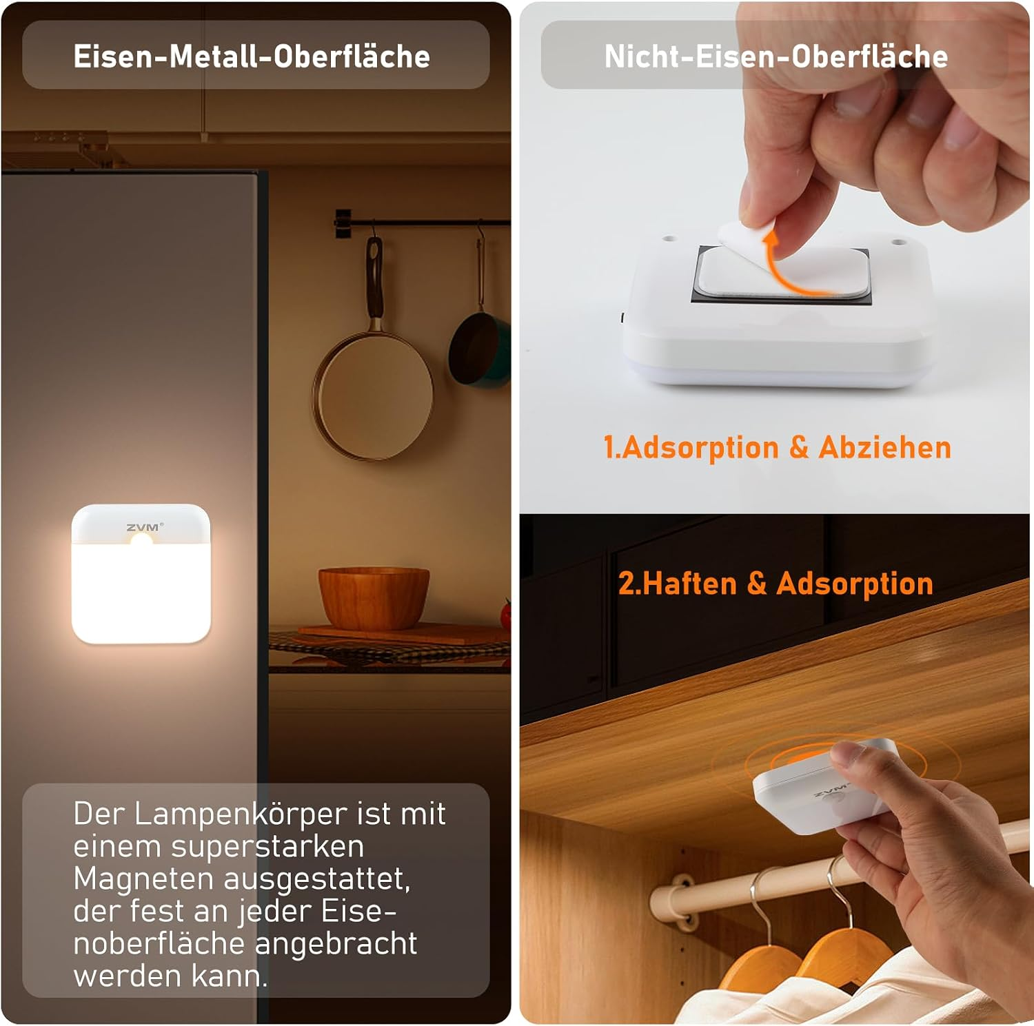 Drei Paneele zeigen ein weißes LED-Licht, das magnetisch am Kühlschrank haftet oder per Kleber montiert wird.