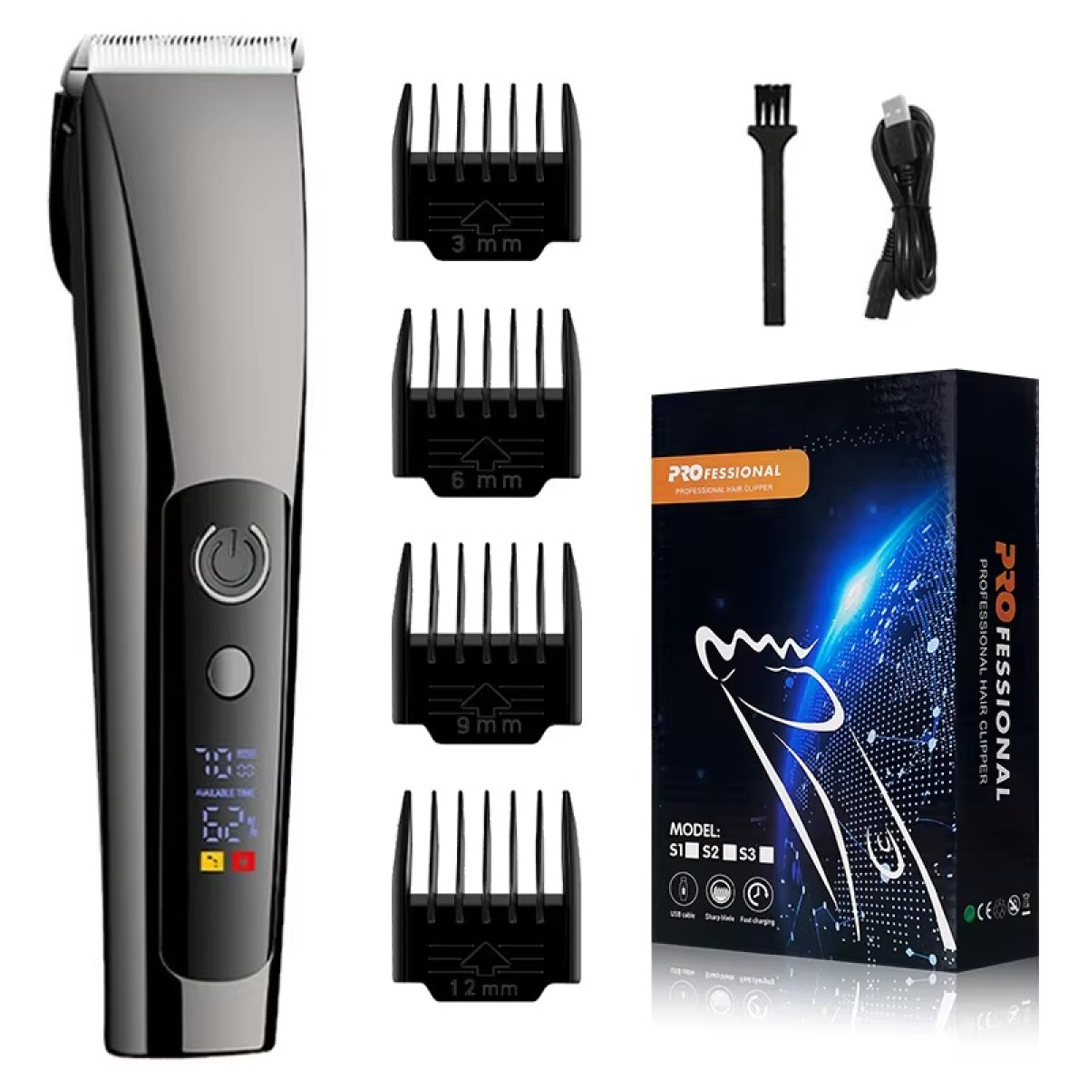 Haarschneider mit vier Aufsätzen, Ladekabel, Reinigungsbürste und Verpackung.