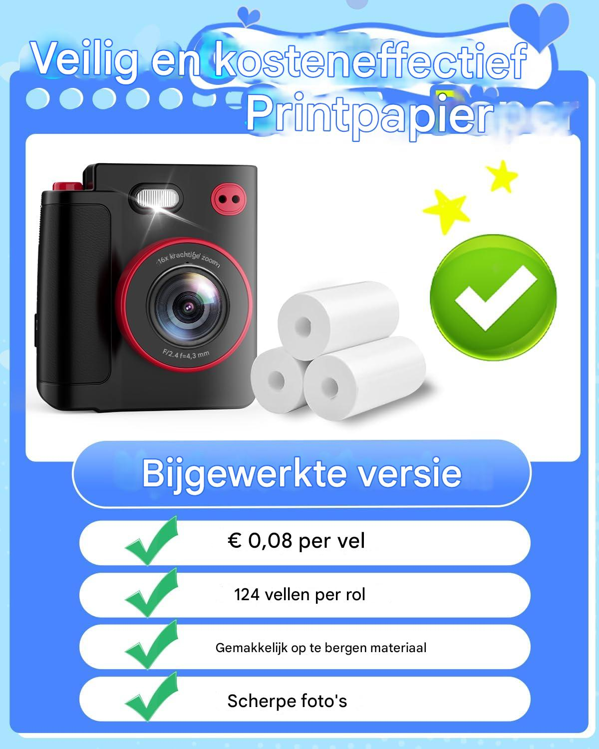 Eine schwarze Kamera mit rotem Objektiv neben weißen Papierrollen vor blauem Hintergrund.