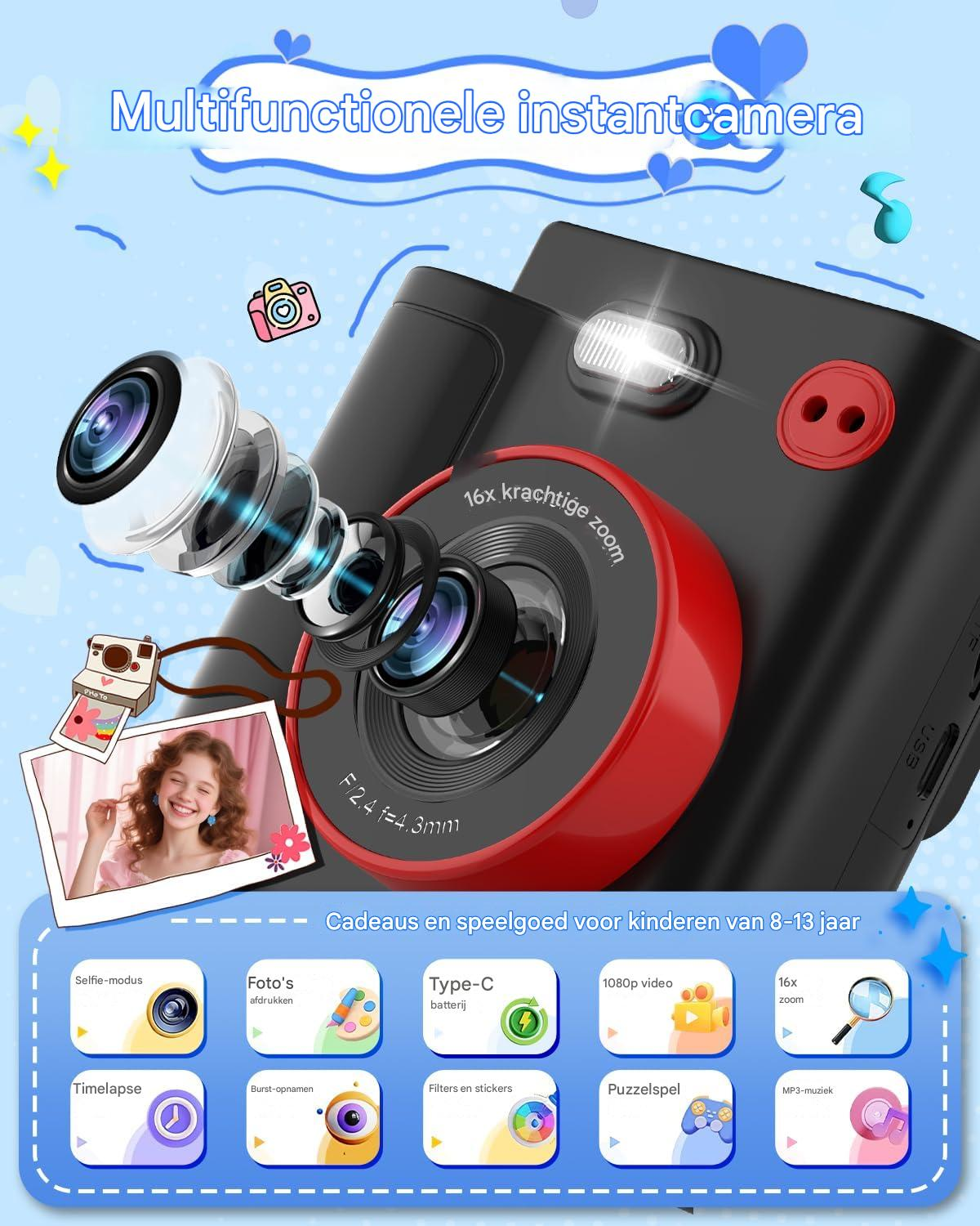 Eine schwarze Kinder-Sofortbildkamera mit rotem Objektiv und Icons für Zoom, Video und Selfie-Modus.