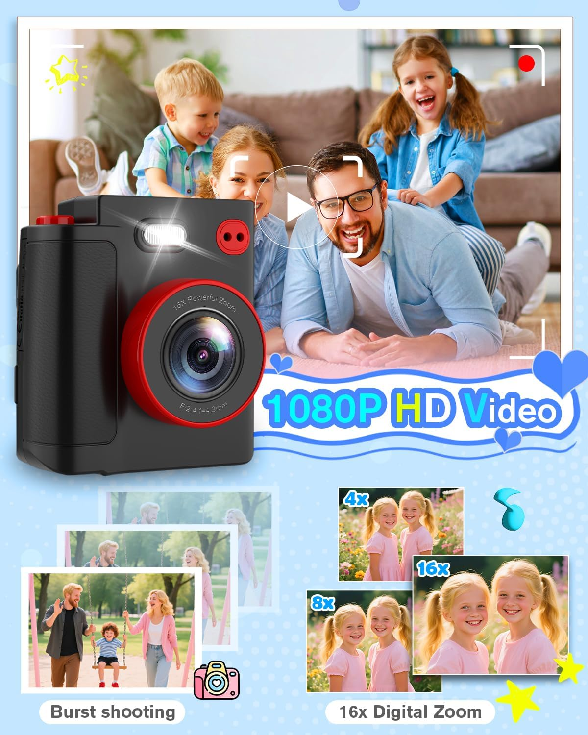 Eine schwarze Kinderkamera mit rotem Objektiv, daneben eine glückliche Familie und Fotorückblicke.