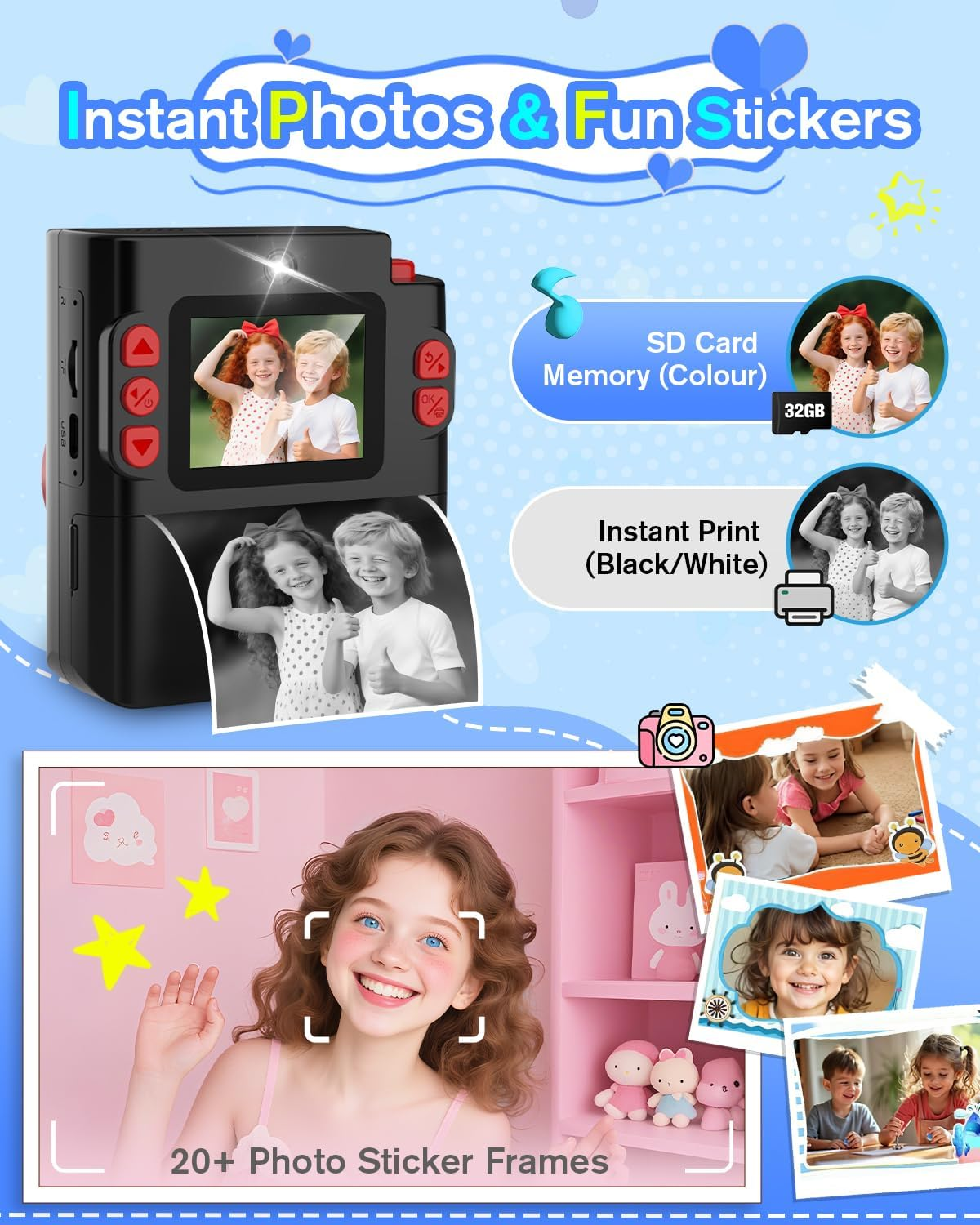 Eine schwarze Kinder-Sofortbildkamera zeigt bunte Fotos, Sticker und Druckfunktionen.