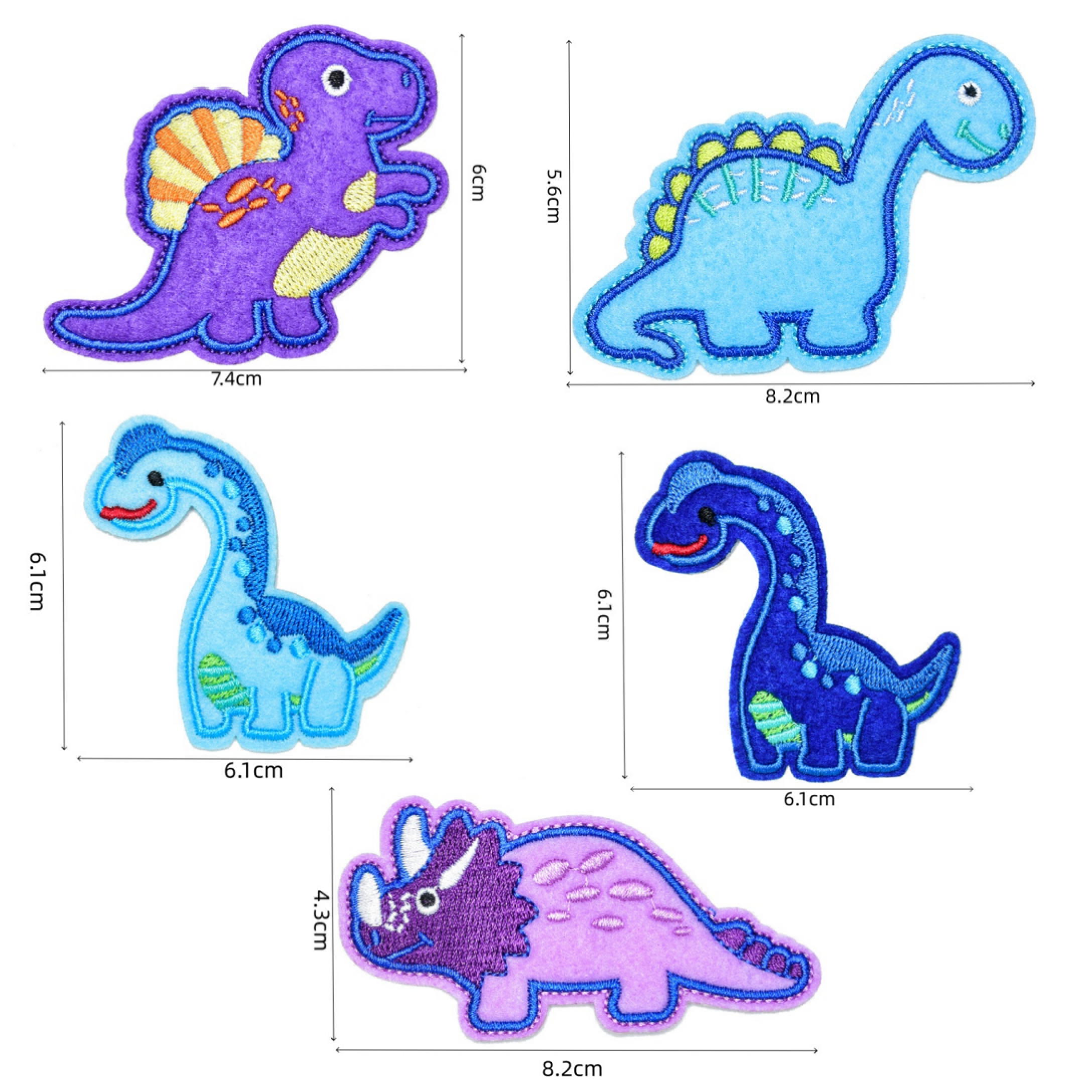 Fünf verschiedene bunte Dinosaurier-Bügelbilder mit Größenangaben.