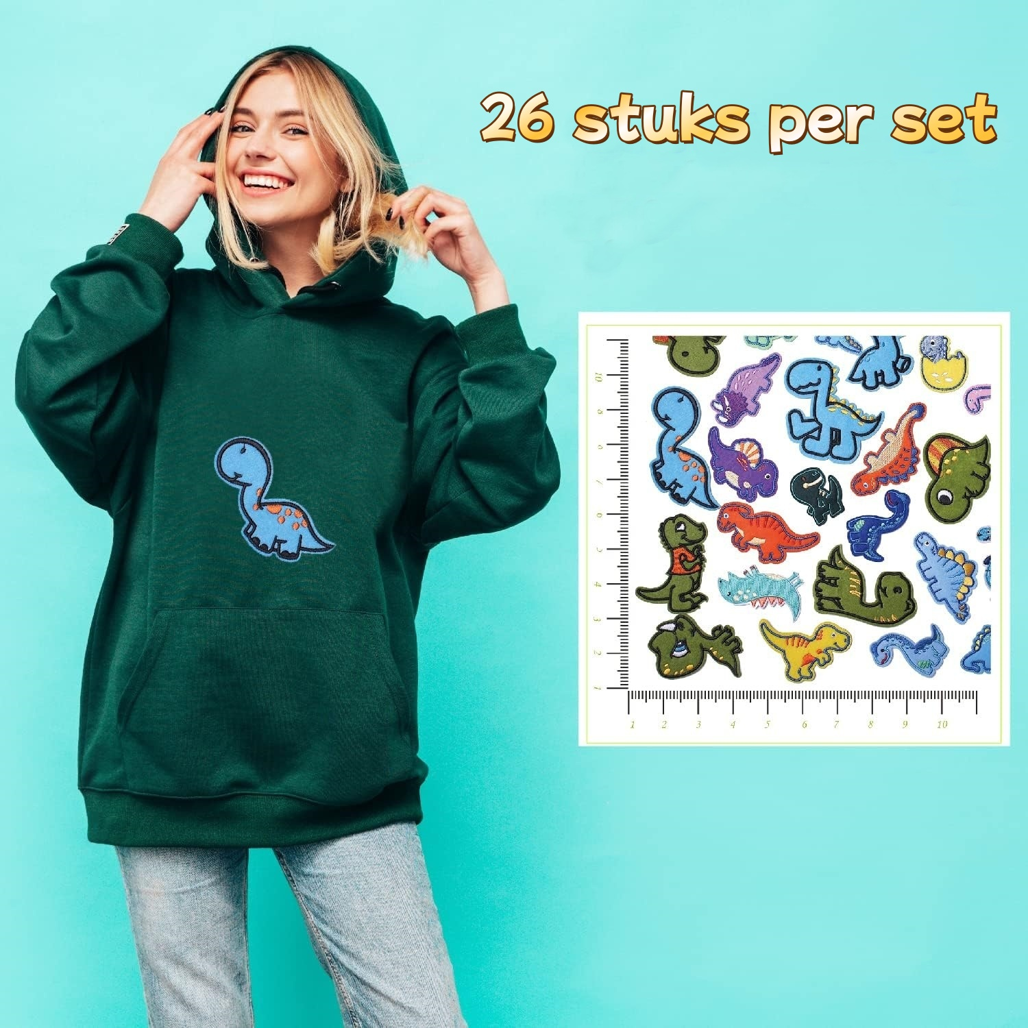 Eine Frau in grünem Hoodie mit Dino-Stickerei, daneben eine Set-Übersicht mit 26 Aufnähern.