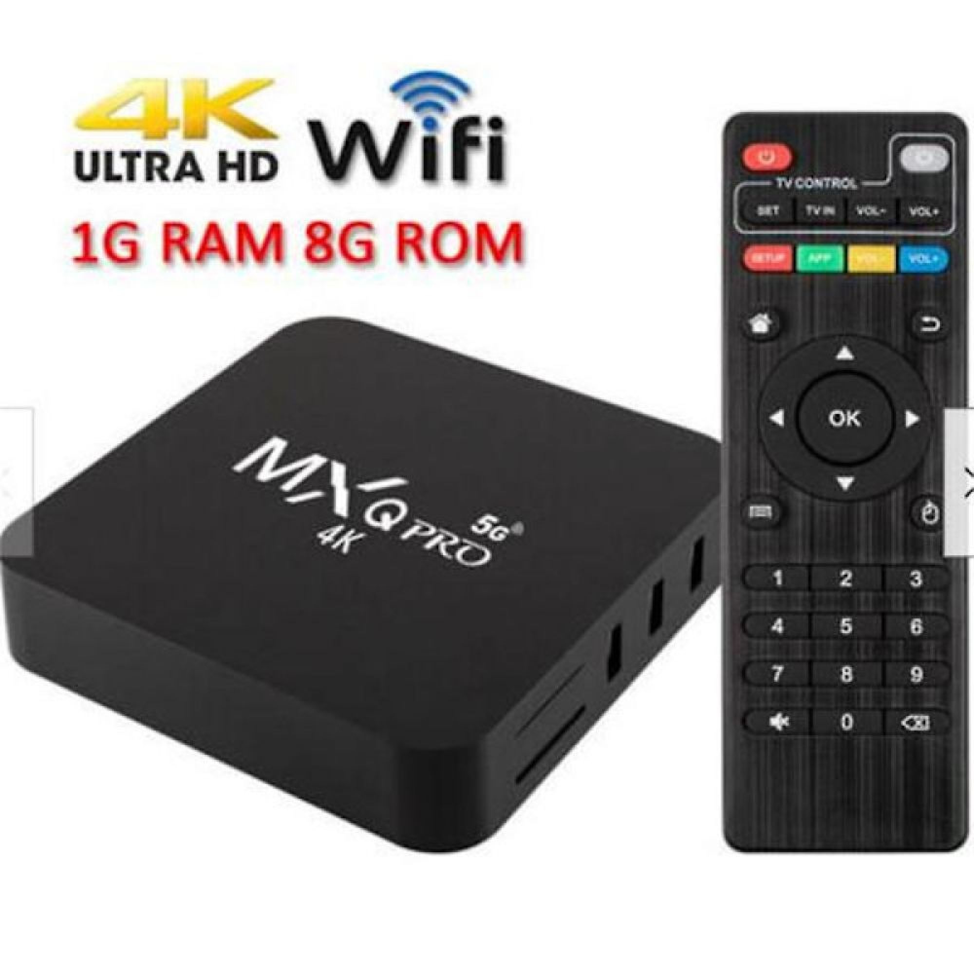 Schwarze MXQ Pro 4K TV-Box mit Fernbedienung, WLAN-Symbol und Texten zu 4K Ultra HD, 1G RAM, 8G ROM.