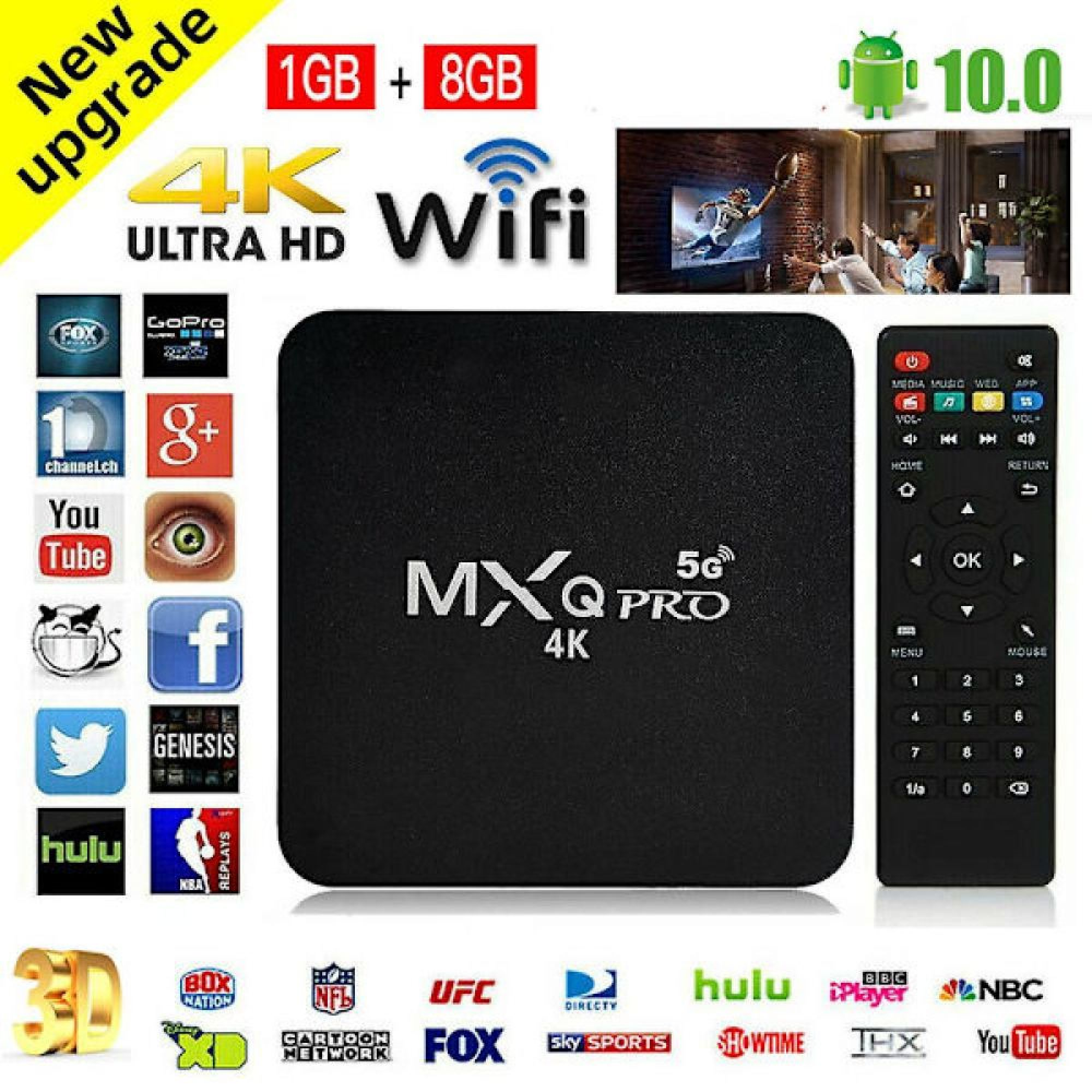 MXQ Pro 4K TV-Box mit Fernbedienung, App-Logos und Upgrade-Texten.