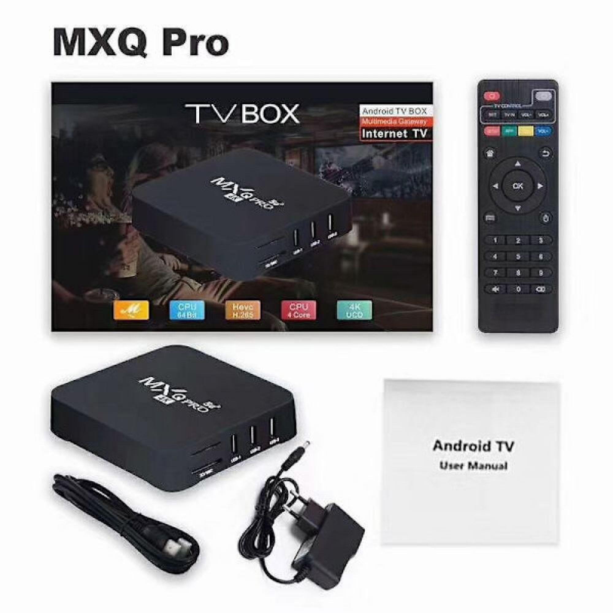 MXQ Pro TV-Box mit Fernbedienung, Kabel, Netzteil und Handbuch vor Verpackung.