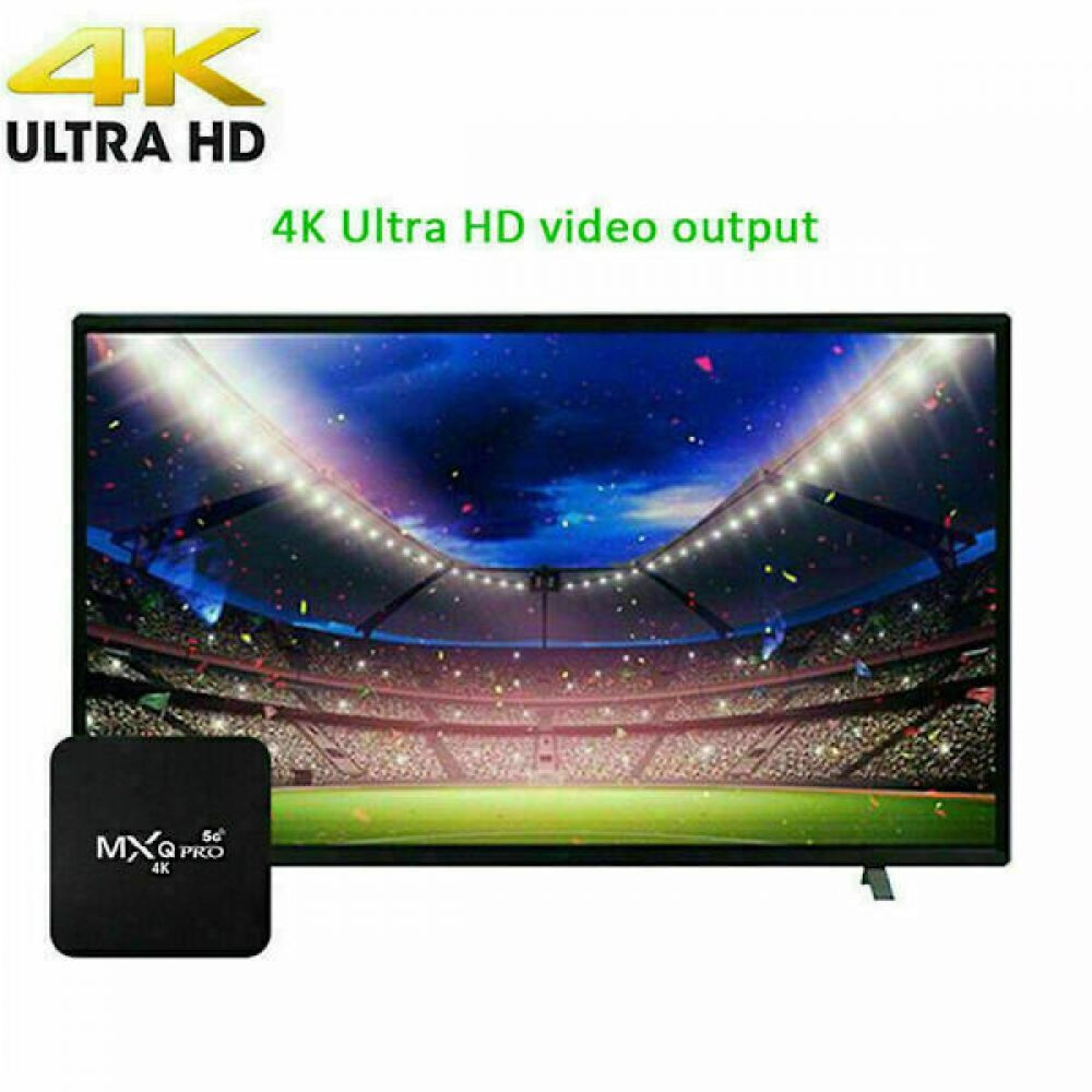 Ein TV-Bildschirm zeigt ein hell erleuchtetes Stadion, begleitet von einem MXQ Pro TV-Box und 4K Ultra HD Text.