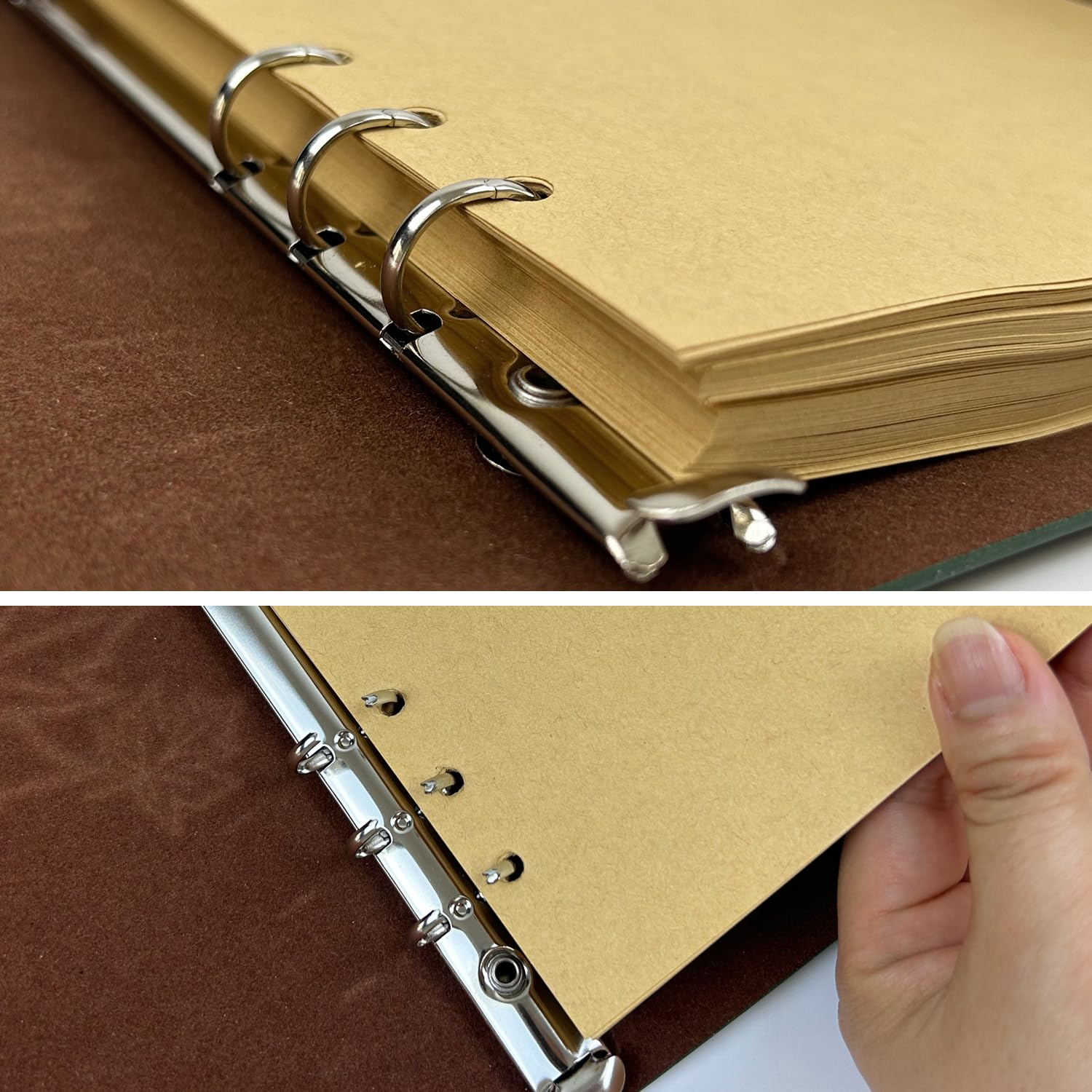 Ein zweigeteiltes Bild zeigt einen Ringbuch-Ordner mit beigem Papier auf einem braunen Einband.