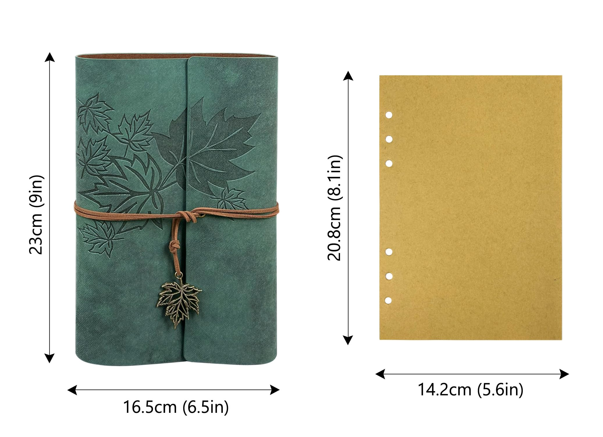Grünes Leder-Notizbuch mit Ahornblatt-Prägung und Maßangaben.