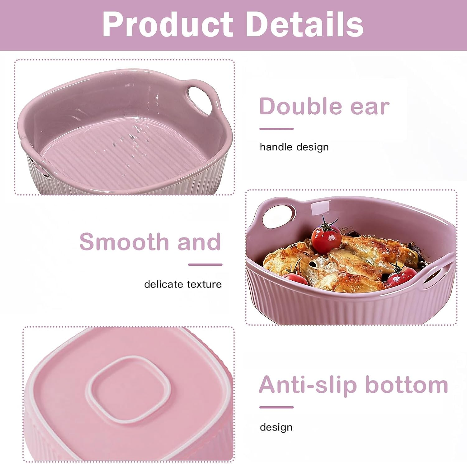 Produktdetails für eine rosa Keramik-Backform mit Griffen, glatter Textur und rutschfestem Boden.