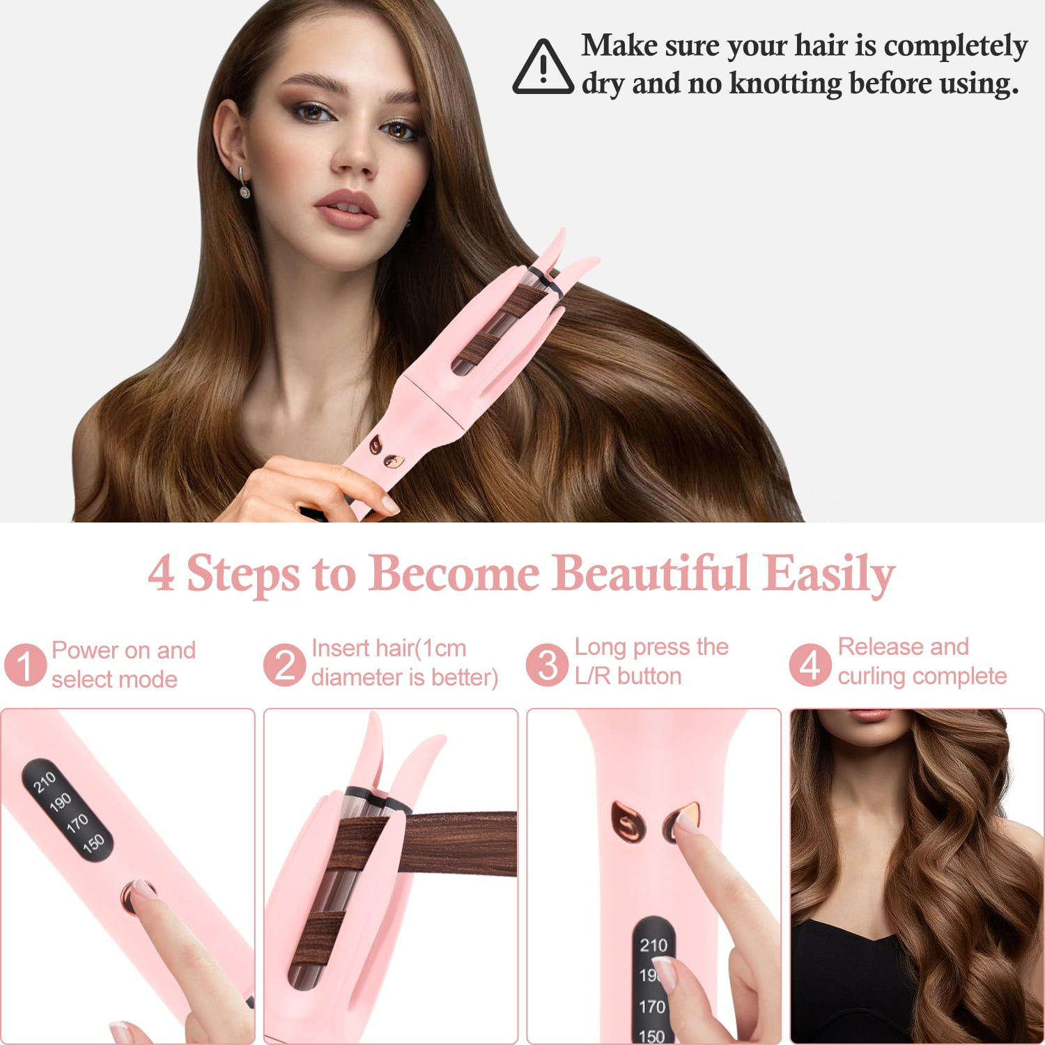 Eine Anleitung in vier Schritten zeigt, wie man mit einem rosa Lockenstab schöne Wellen im Haar macht.