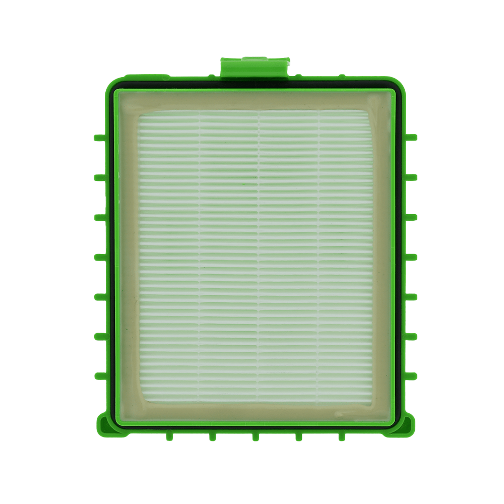 Ein rechteckiger grüner Plastik-HEPA-Filter mit weißem Faltenmaterial und schwarzer Dichtung auf weißem Grund.