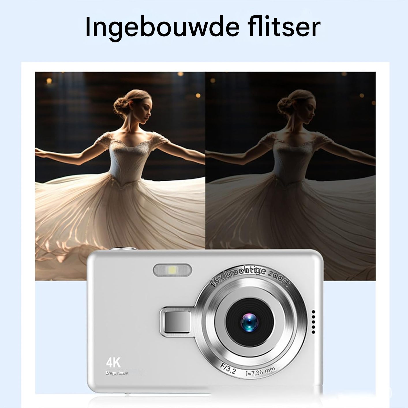 Vergleichsbild einer Ballerina mit und ohne integrierten Kamerablitz.