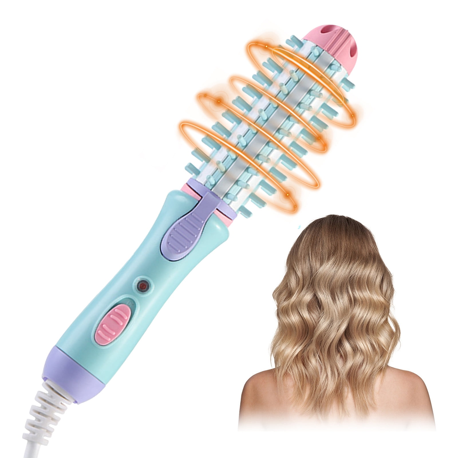 Eine blau-pinke Haarbürste mit Hitzeeffekt und eine Frau mit blonden Wellenhaaren.