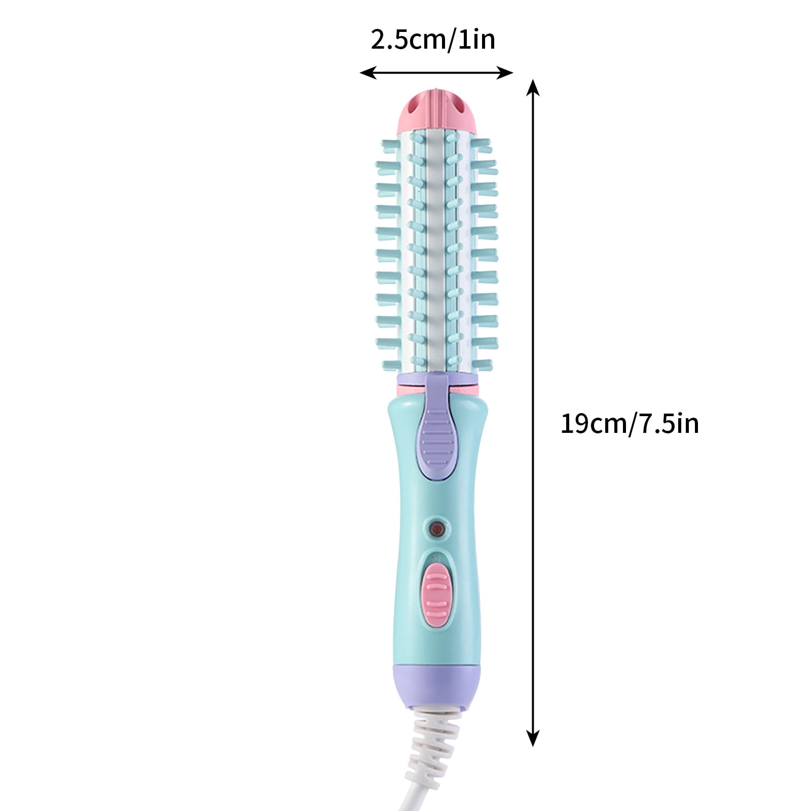 Eine pastellblaue, rosa und lila Haarbürste mit Maßen von 2,5 cm/1 Zoll Breite und 19 cm/7,5 Zoll Länge.