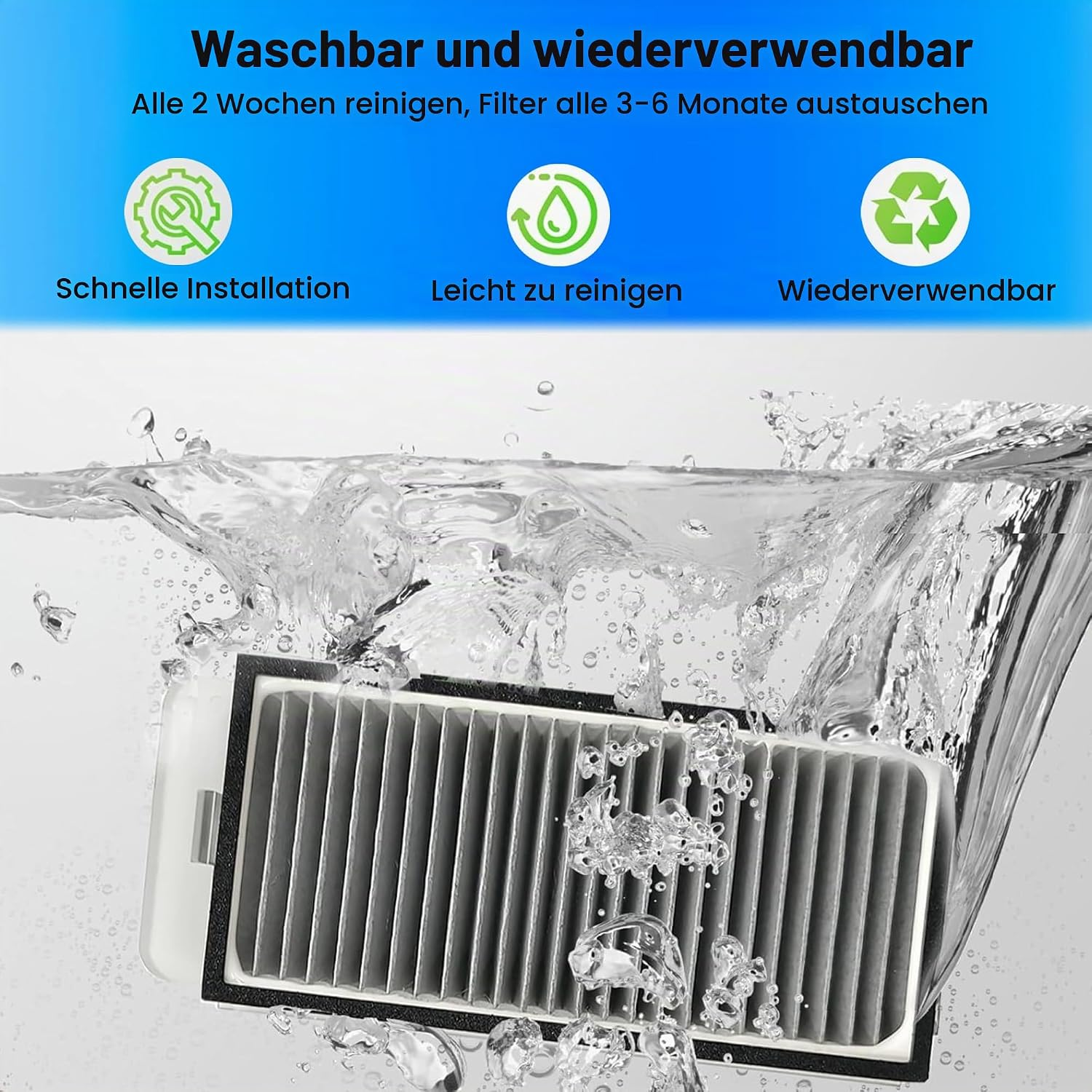Ein Vakuumfilter wird in klarem Wasser gewaschen, mit Text und Symbolen oben.