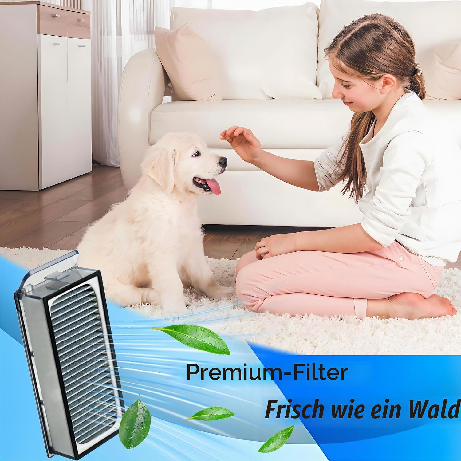 Ein Mädchen spielt mit einem Hund auf einem Teppich, während ein Luftfilter saubere Luft bläst.