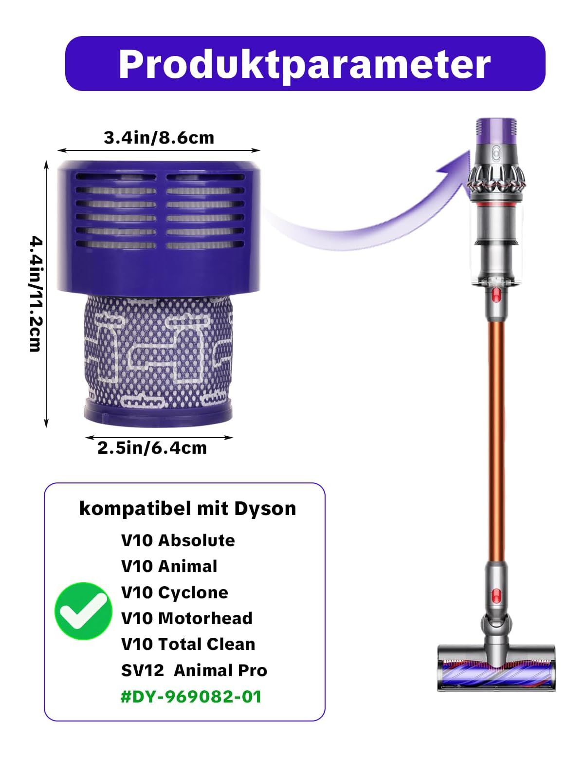 Produktparameter eines blauen Dyson V10 Staubsaugerfilters mit Maßen und Kompatibilitätsliste.