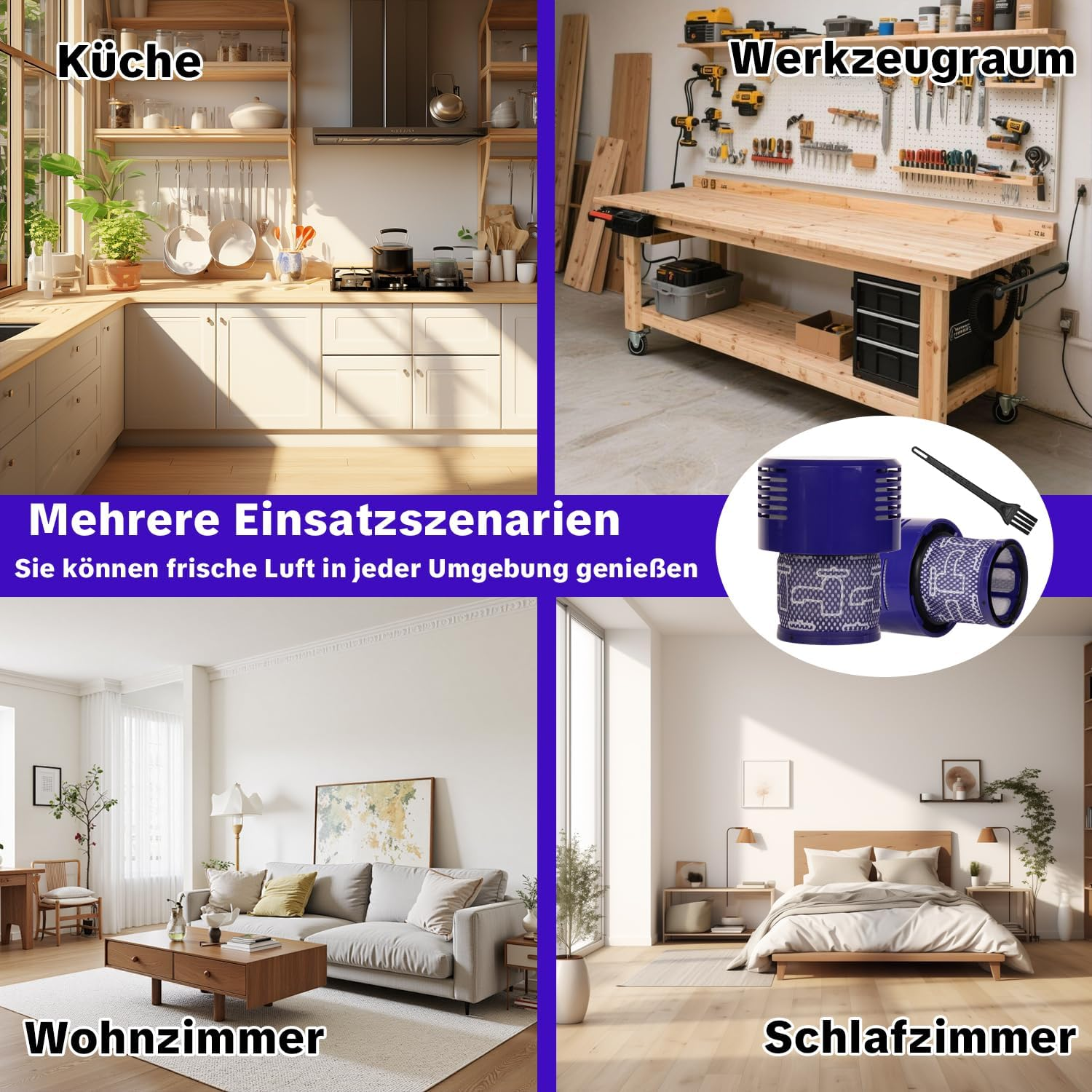 Eine Collage zeigt Staubsaugerfilter und verschiedene Räume wie Küche, Werkstatt, Wohnzimmer und Schlafzimmer.