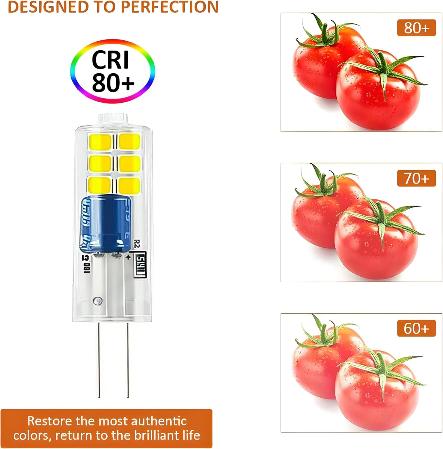 LED-Glühbirne links, daneben drei Vergleiche von Tomaten mit verschiedenen CRI-Werten von 80+, 70+ und 60+.