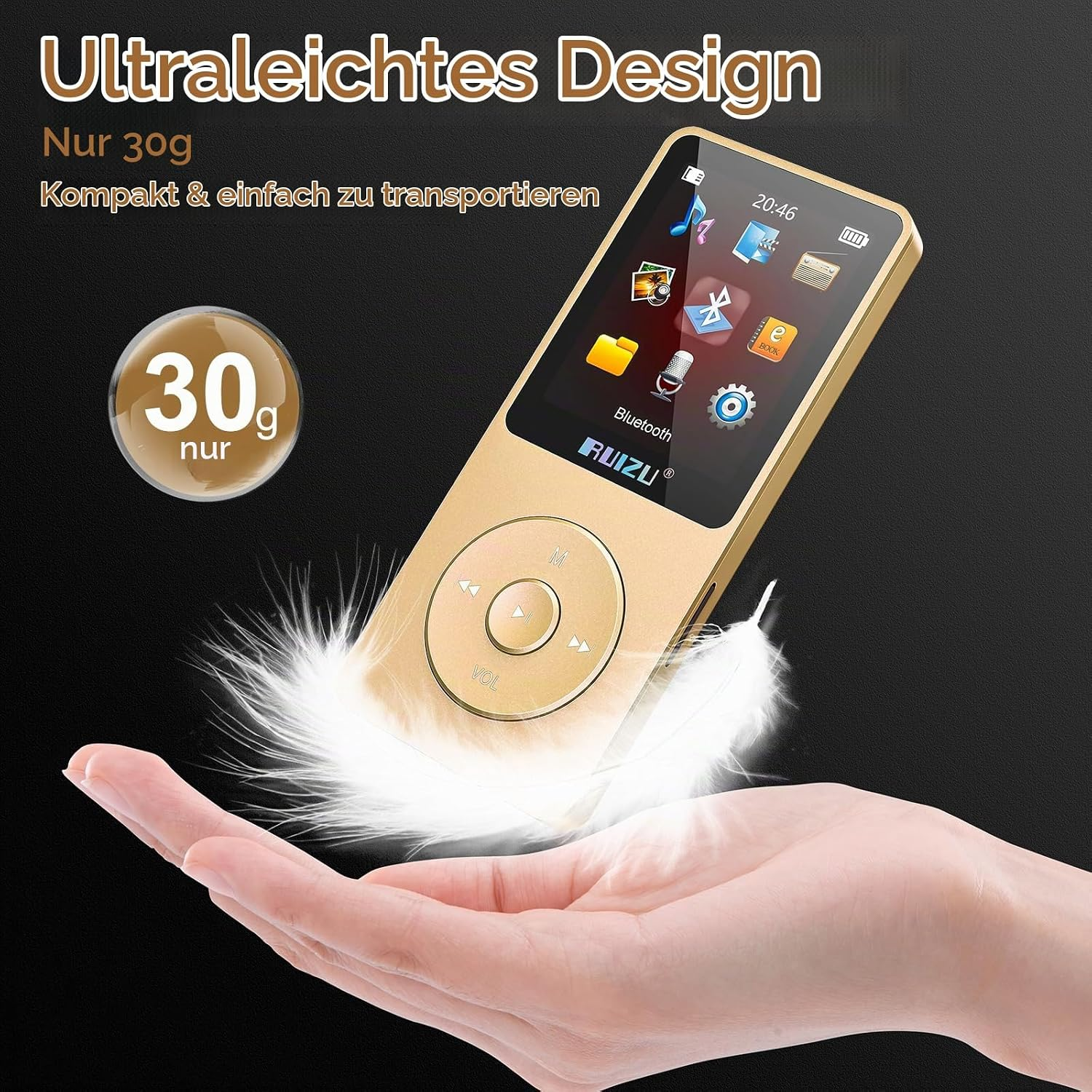 Ein goldenes MP3-Player-Gerät schwebt über einer offenen Handfläche, umgeben von weißen Federn.
