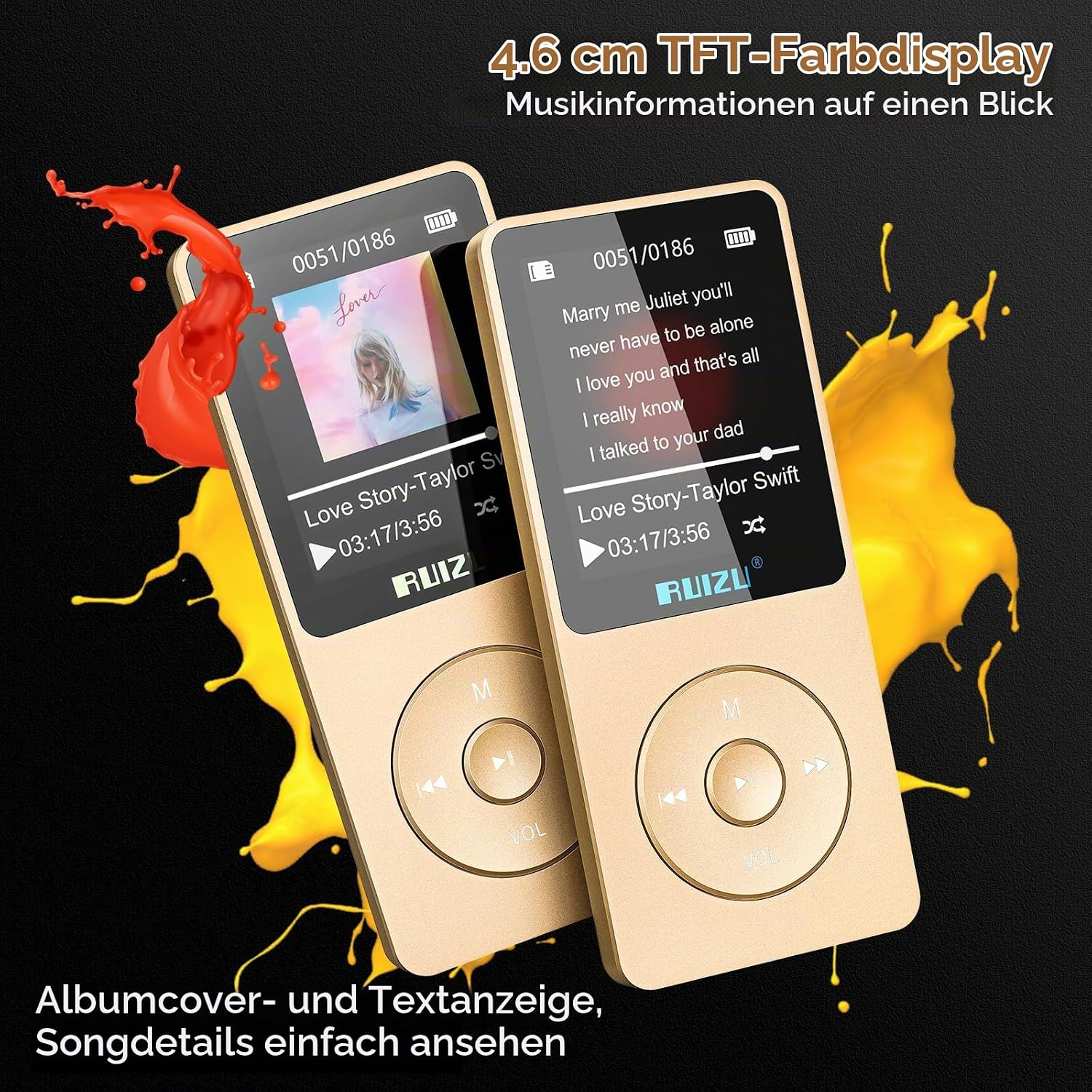 Zwei goldene MP3-Player mit Farbdisplay vor schwarzem Hintergrund mit roten und gelben Farbspritzern.