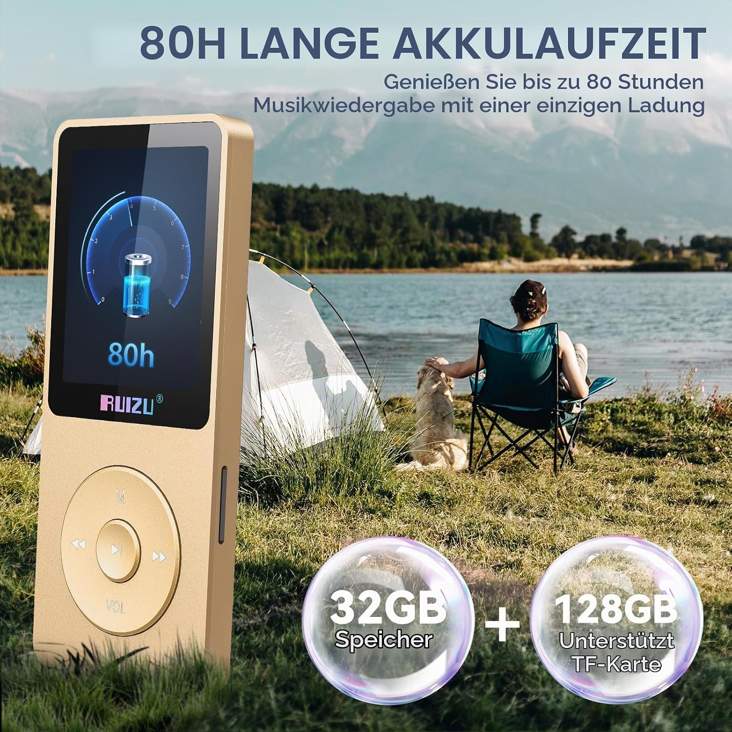 Goldener MP3-Player mit 80h Akku, im Hintergrund sitzt eine Person mit Hund an einem See.