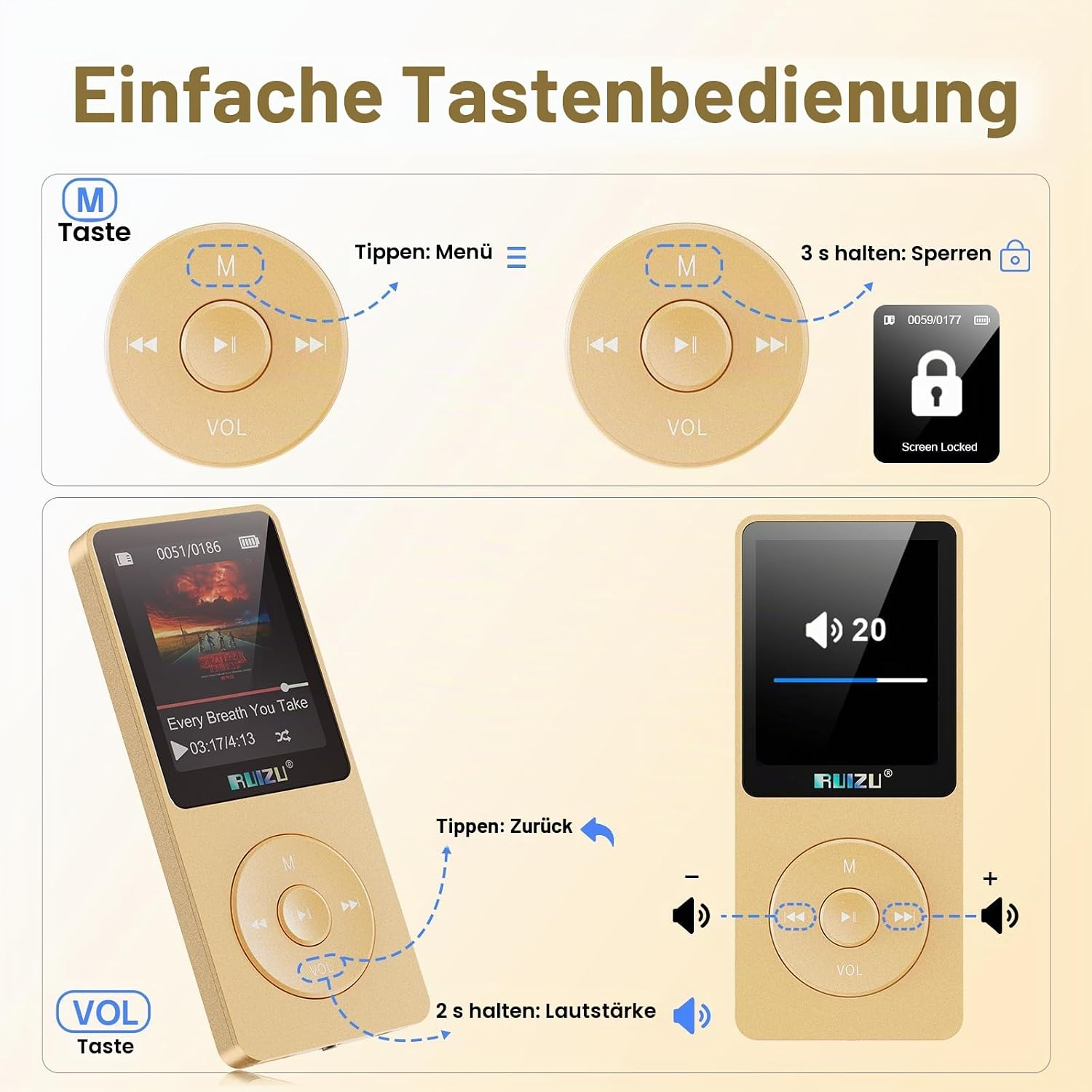 Eine Anleitungsgrafik zeigt die Tastenbedienung und Benutzeroberfläche eines goldenen Mediaplayers.