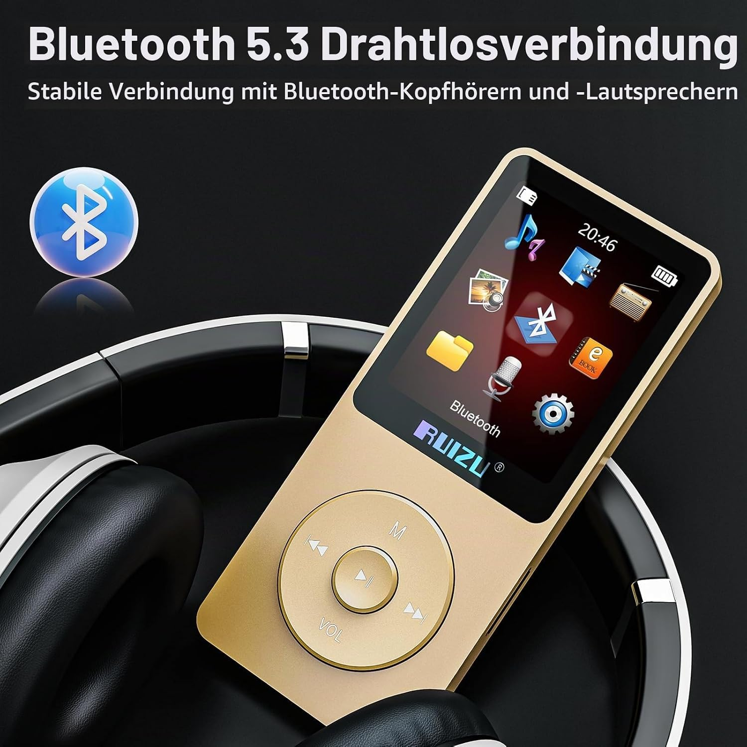 Goldener MP3-Player mit Bluetooth 5.3 und Kopfhörern.