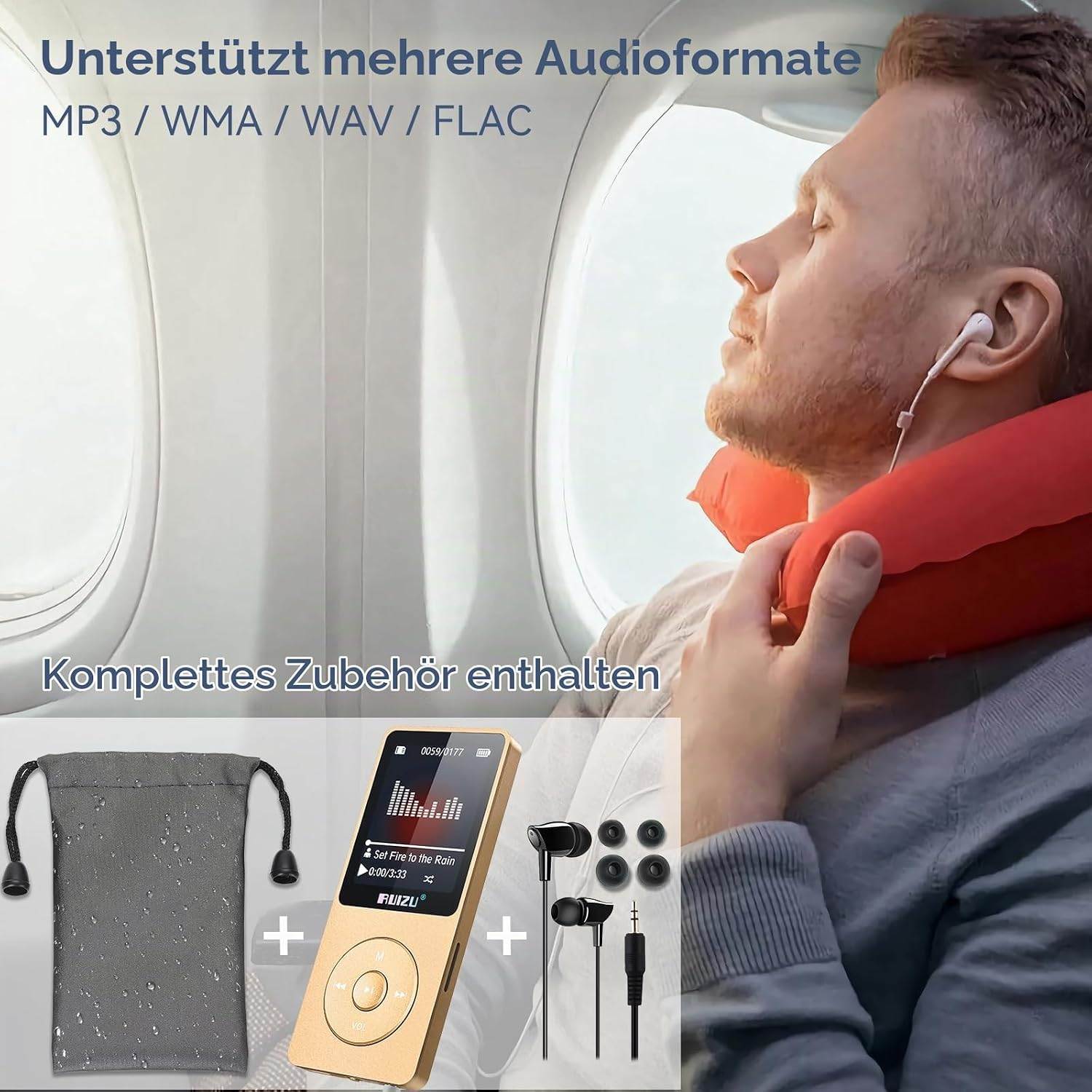 Ein Mann mit rotem Nackenkissen hört Musik in einem Flugzeug. Unten sind Zubehörteile wie ein MP3-Player zu sehen.