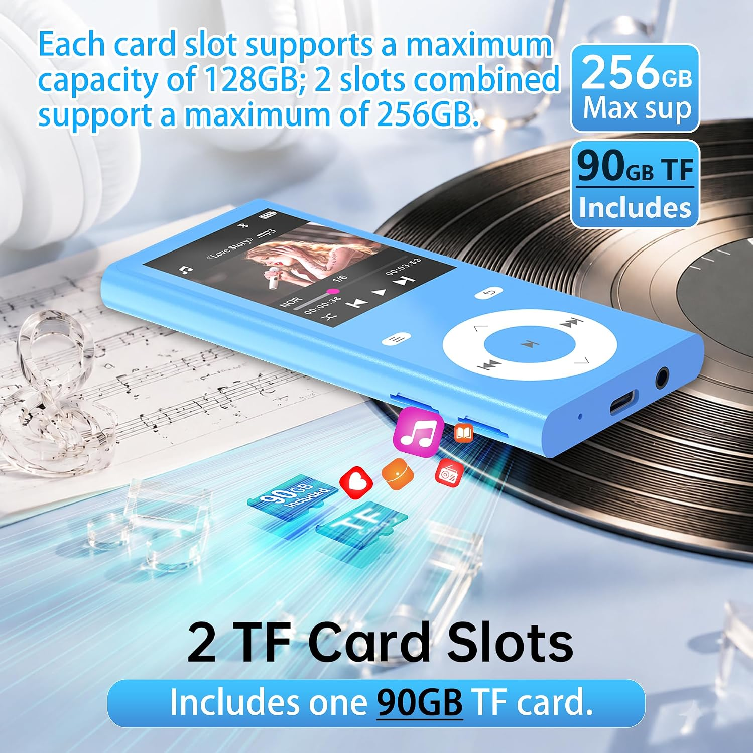 Ein blauer MP3-Player mit zwei TF-Kartensteckplätzen und einer 90GB TF-Karte liegt auf Notenblättern.
