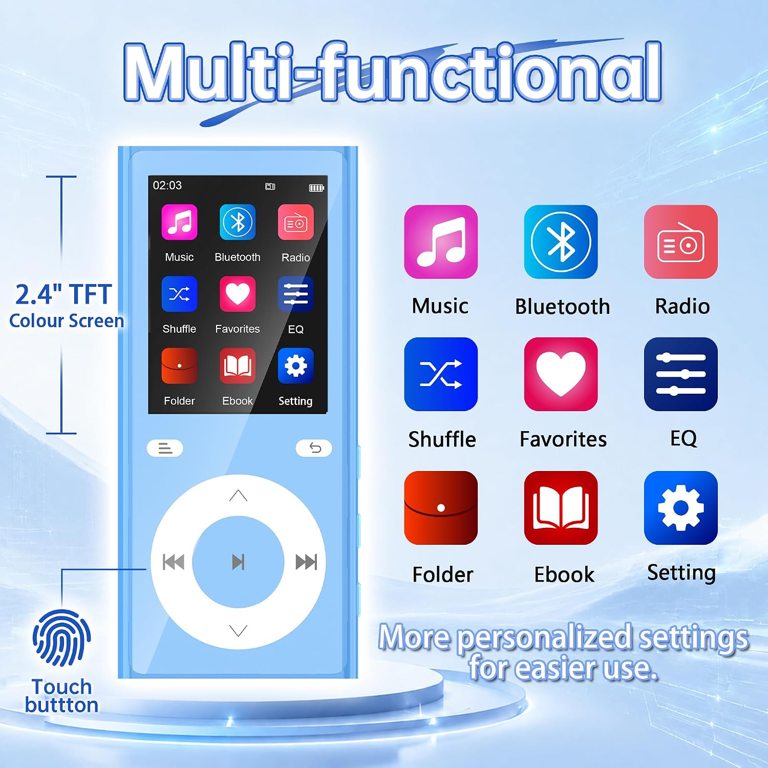 Multifunktionaler MP3-Player mit 2,4-Zoll-TFT-Farbdisplay, Touch-Tasten und Symbolen für Musik, Bluetooth, Radio und mehr.