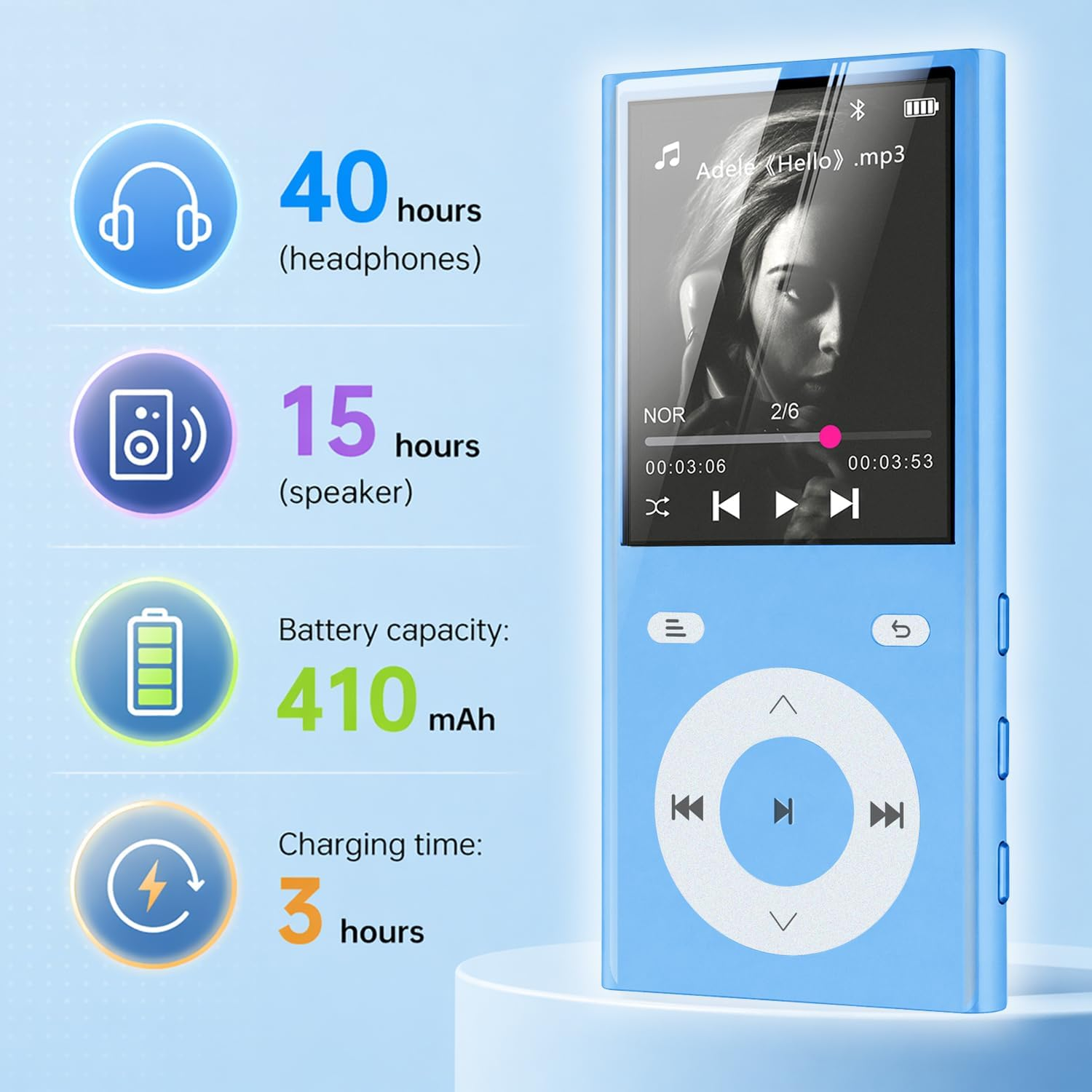 Ein blauer MP3-Player mit technischer Leistungsgrafik auf hellblauem Hintergrund.