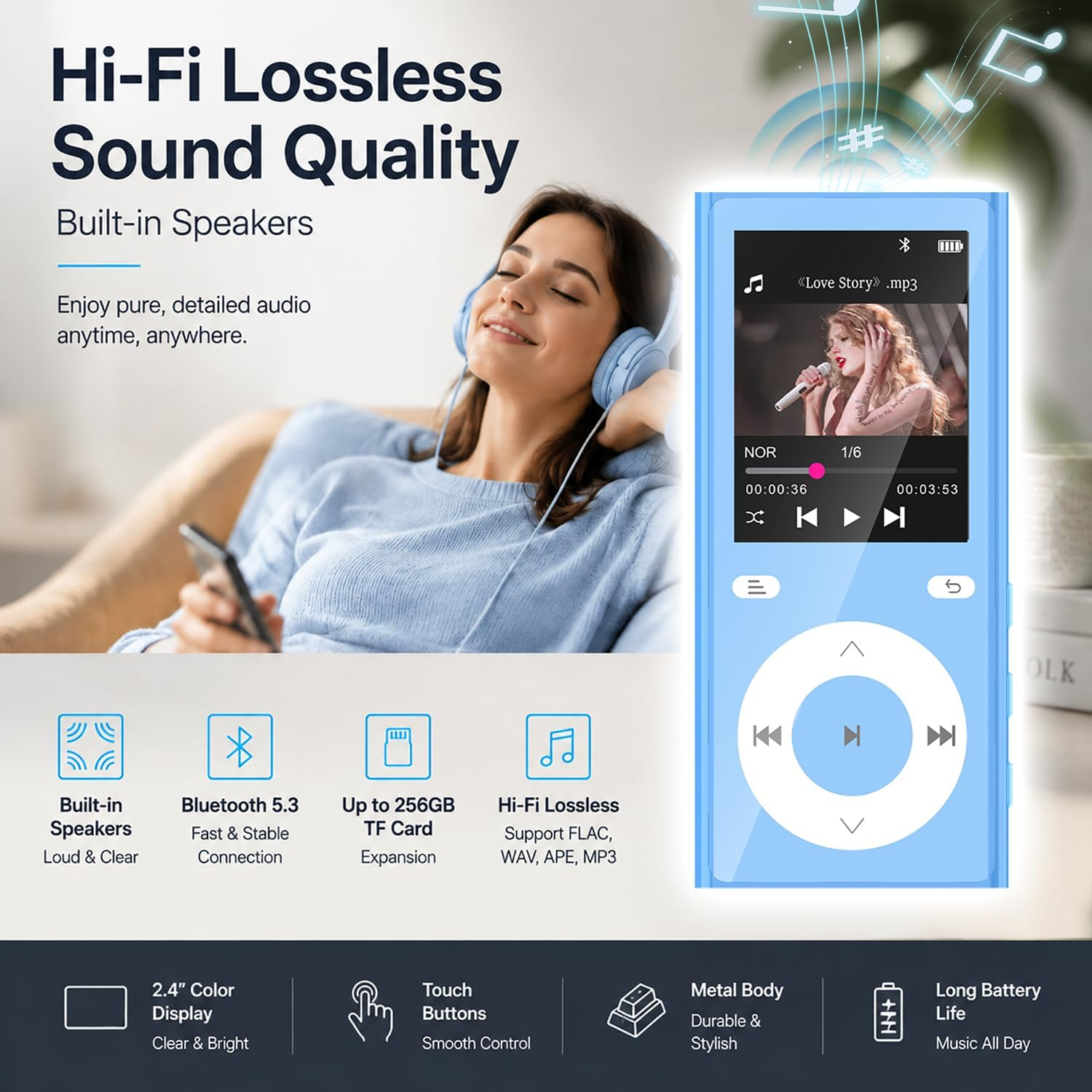 Eine Frau hört mit einem blauen MP3-Player und Kopfhörern Musik. Der Player zeigt die Songinfo und ein Cover.