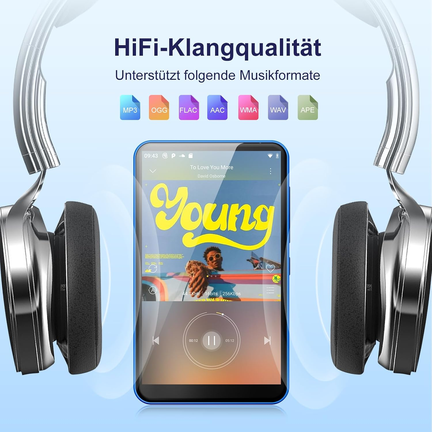 Silberne Kopfhörer neben einem Smartphone mit Musik-App, darüber Musikformat-Symbole und deutscher Text.