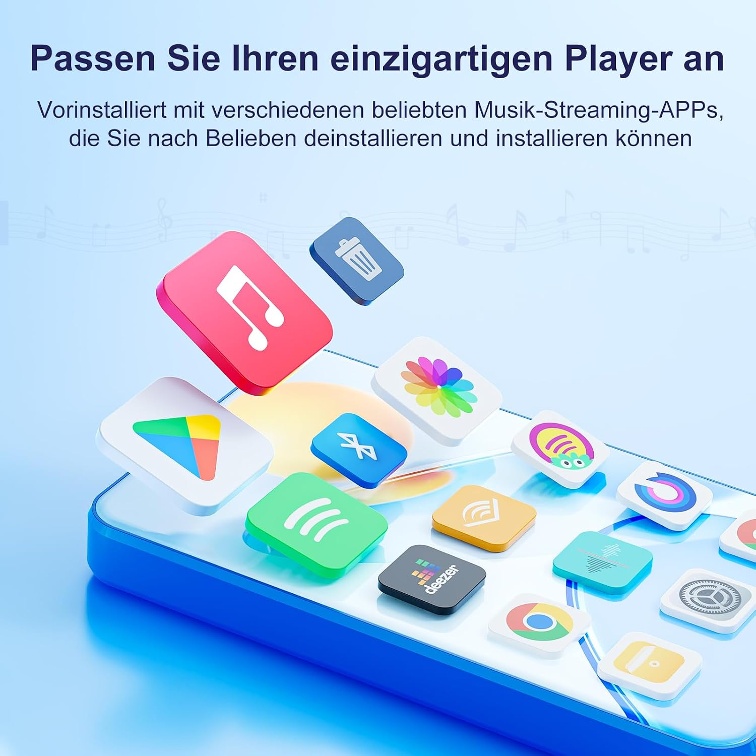 Ein blauer Musikplayer mit schwebenden App-Icons in verschiedenen Farben vor einem blauen Hintergrund mit Text.