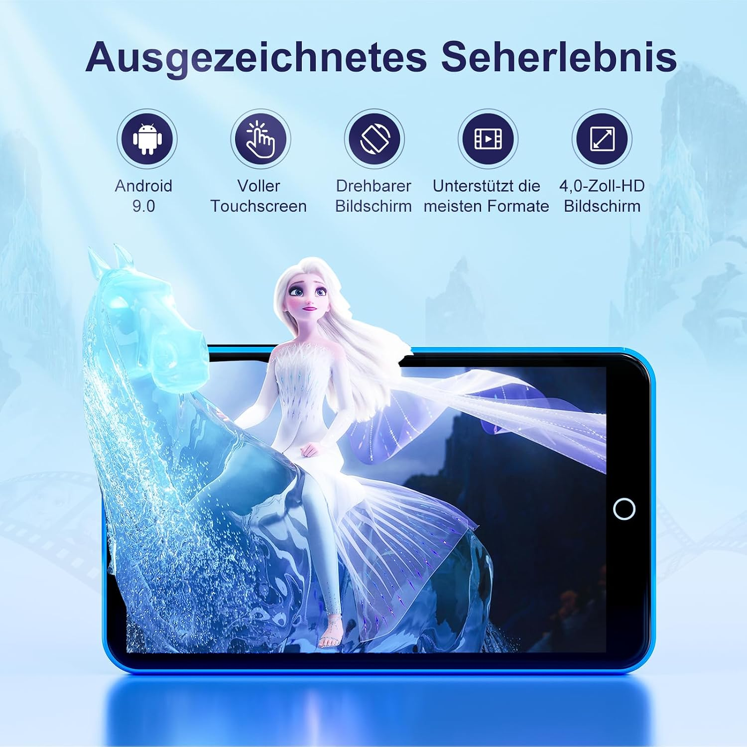 Smartphone-Anzeige mit Elsa und einem Eis-Pferd, illustriert mit Android- und Display-Funktionssymbolen.