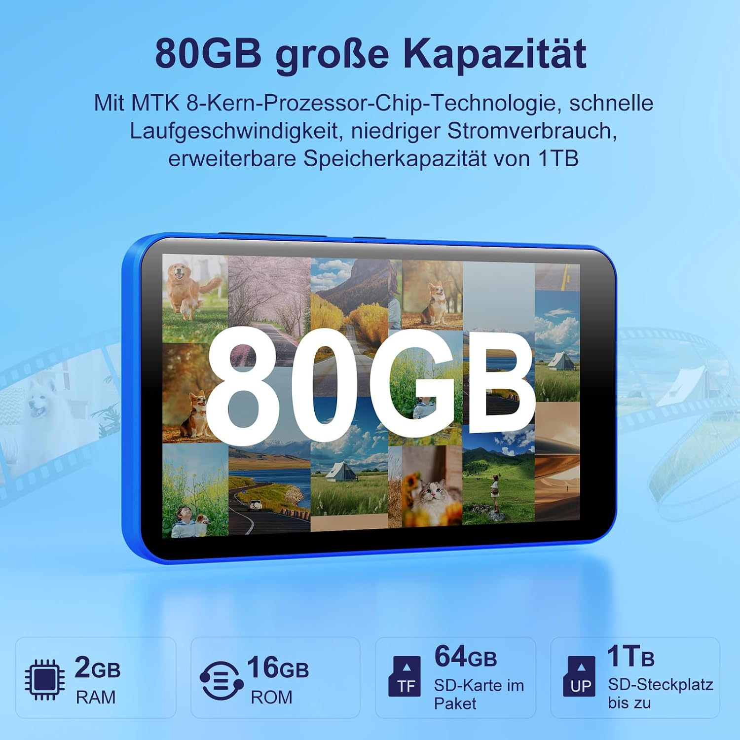 Blauer MP3-Player mit Mosaik-Bildschirm, 80 GB Kapazität sowie 2 GB RAM und 16 GB ROM unten.