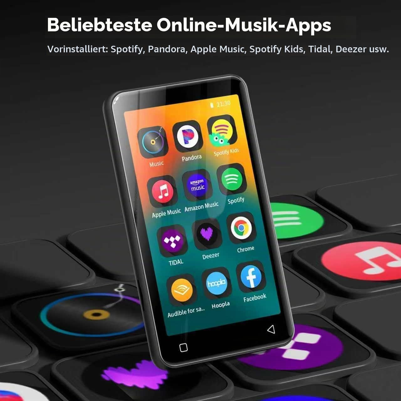 Ein MP3-Player zeigt verschiedene Musik-Apps wie Spotify und Pandora auf dem Bildschirm.
