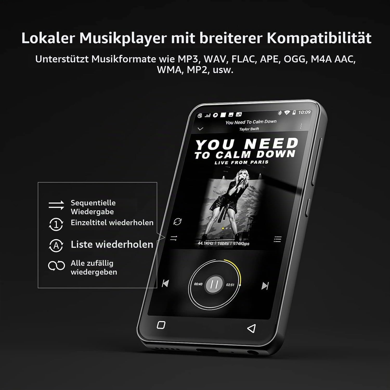 Ein tragbarer Musikplayer mit Touchscreen zeigt das Albumcover und Wiedergabeoptionen an.