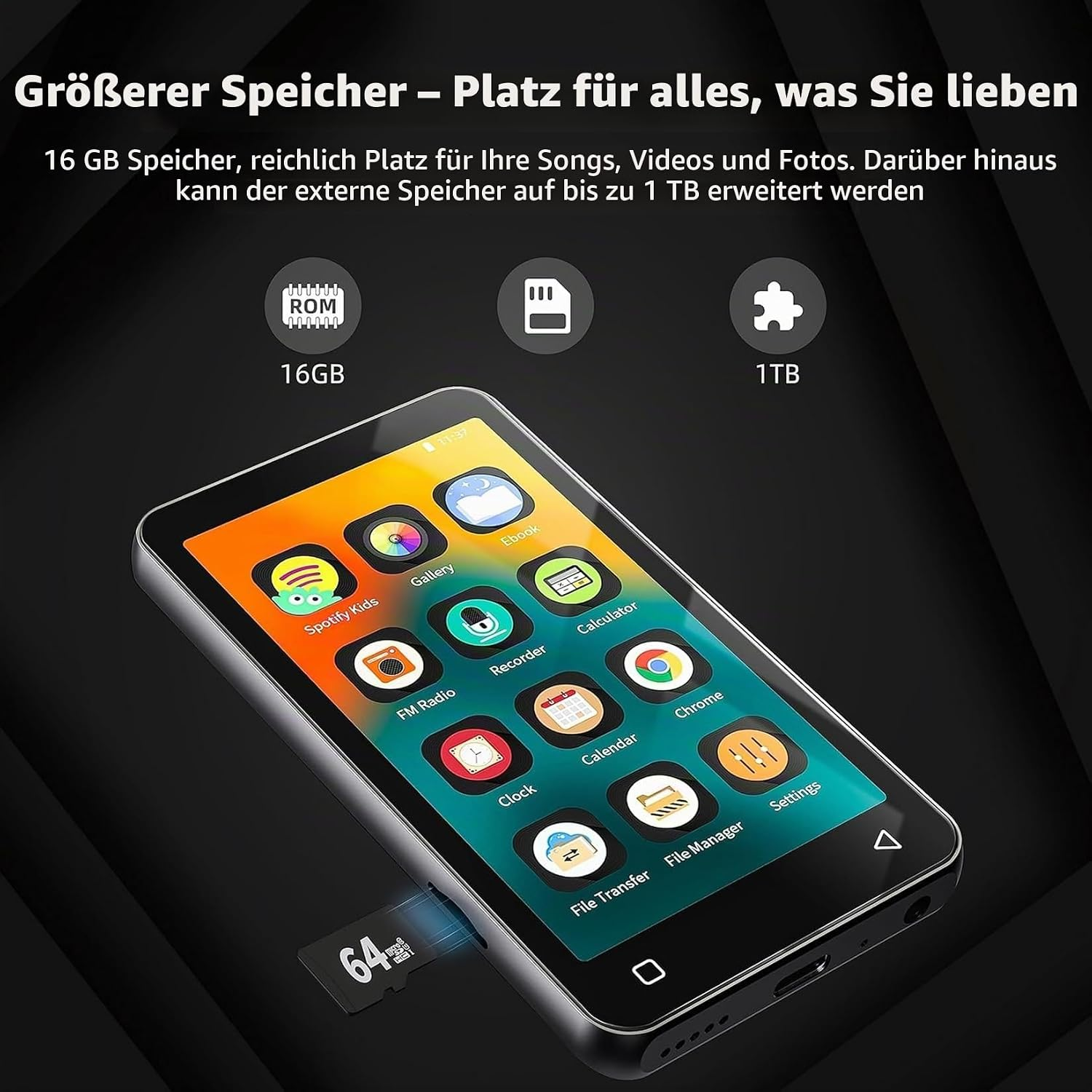 Smartphone mit Apps auf dem Bildschirm und Text zur Speichererweiterung auf 16GB und 1TB.