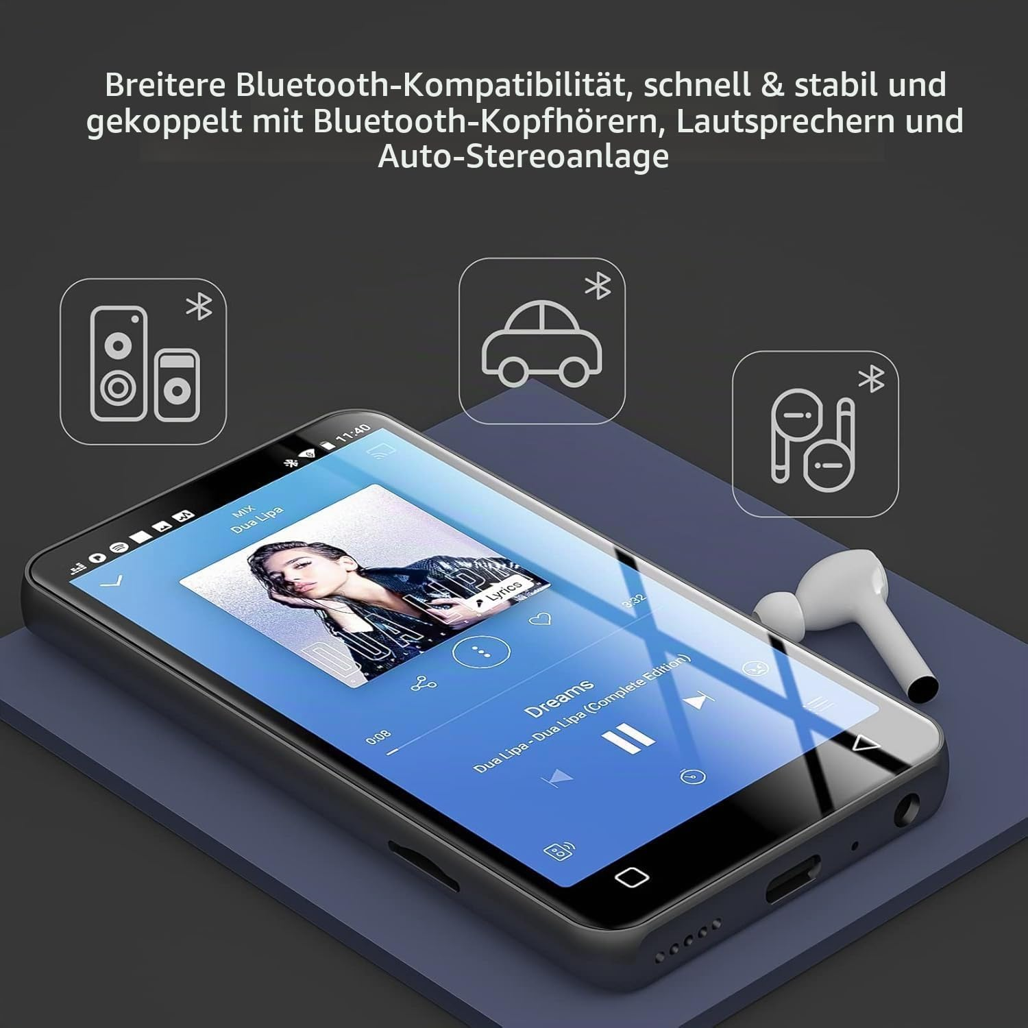 Ein MP3-Player mit Musik-App, Ohrhörer und Bluetooth-Symbolen für Auto, Lautsprecher und Kopfhörer.