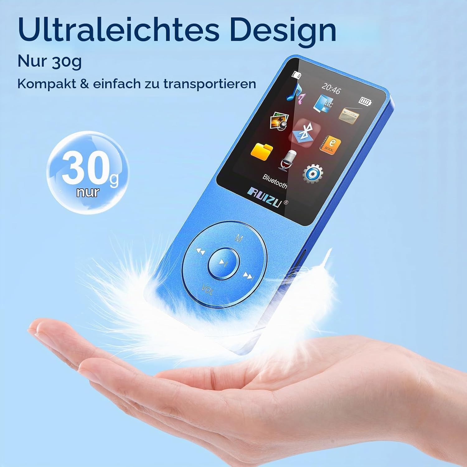 Blaue MP3-Spieler schwebt über einer offenen Handfläche auf hellblauem Hintergrund mit Text.