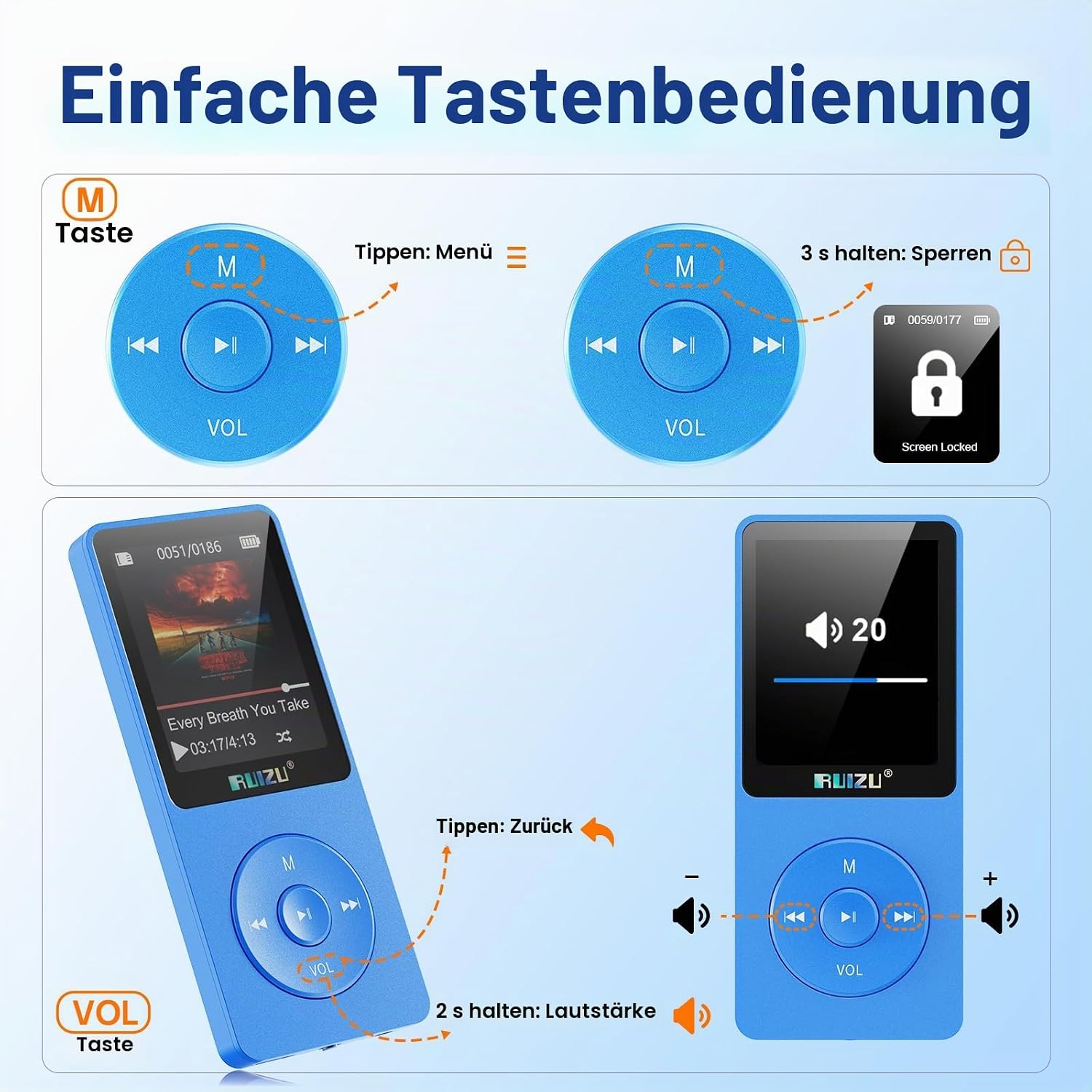Anleitung zur Tastenbedienung eines blauen MP3-Players mit Erklärungen für Menü, Sperren, Zurück und Lautstärke.