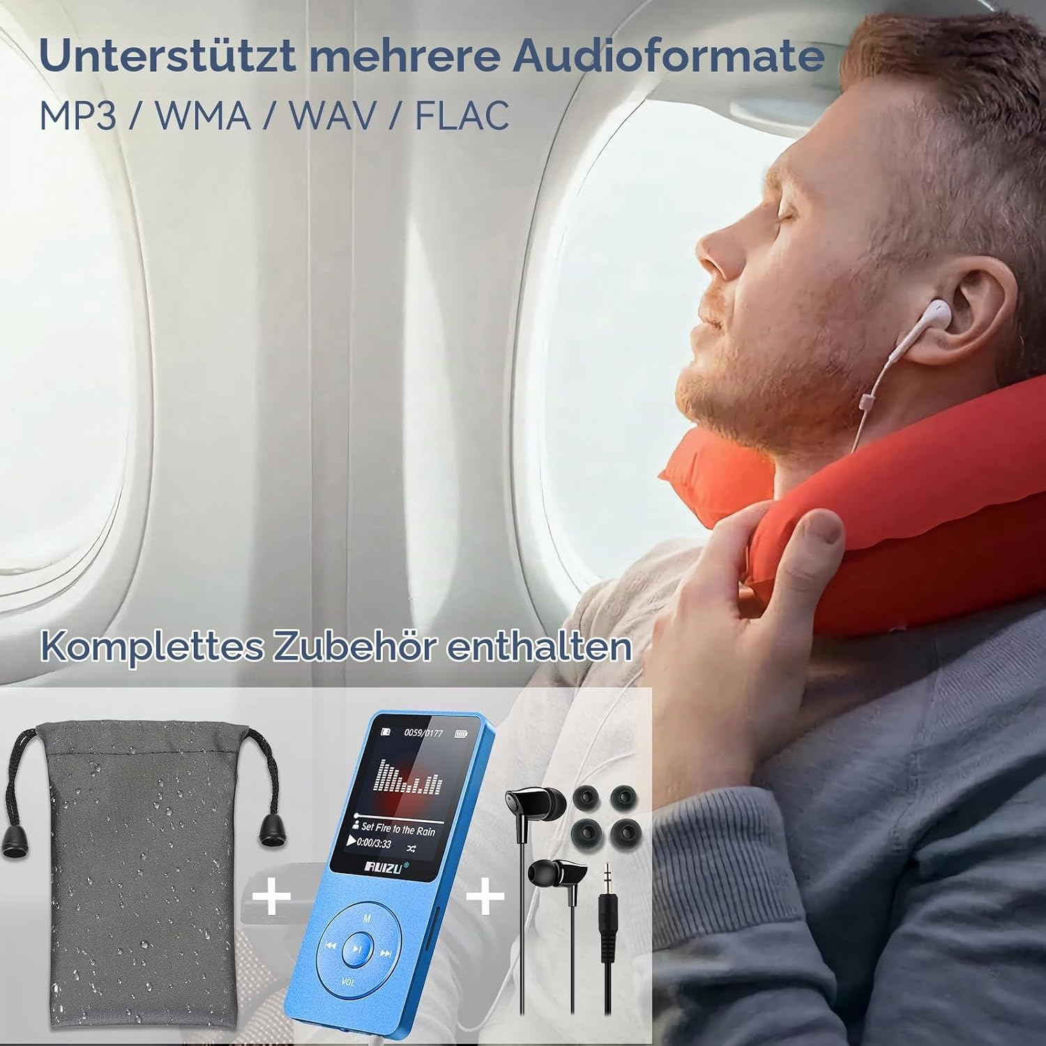Ein Mann mit rotem Nackenkissen hört Musik im Flugzeug, mit MP3-Player und Zubehör im Inset.