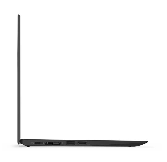 Seitenansicht eines geschlossenen schwarzen Laptops mit sichtbaren Anschlüssen.
